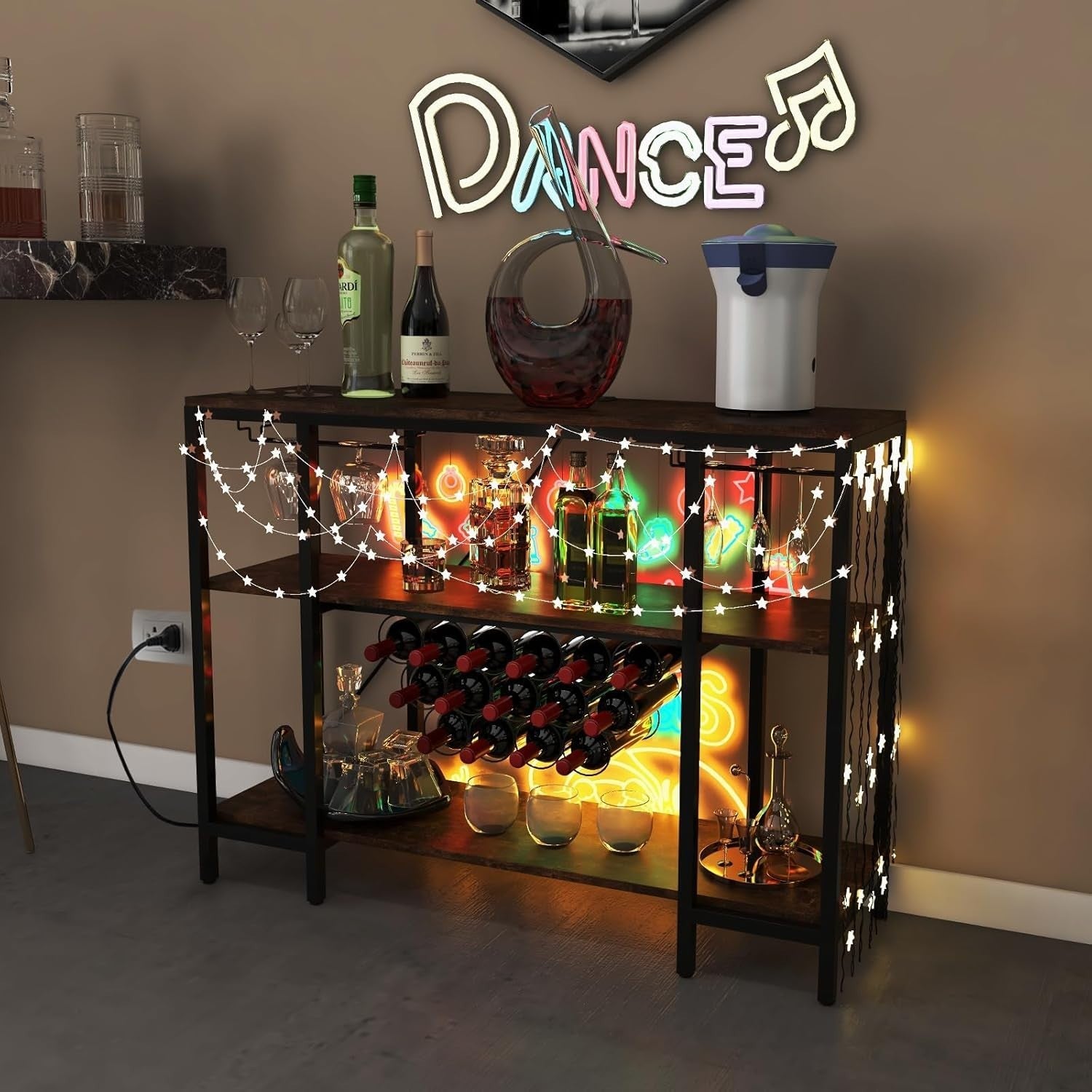 Wine Bar Cabinet with Tabletop, 15 Bottle Rack, Shelves, USB & AC Charging Ports