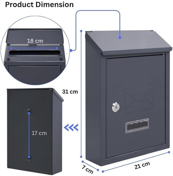 Lockable Wall Mounted Mailbox Grey – Weatherproof Steel Post Box with Keys
