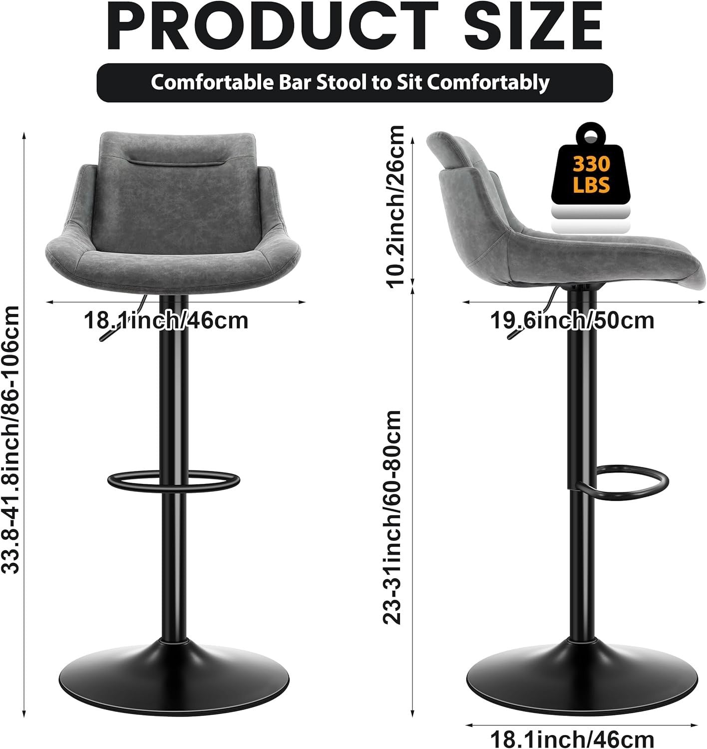 Adjustable Grey PU Leather Bar Stools Set of 2 Swivel Kitchen Counter