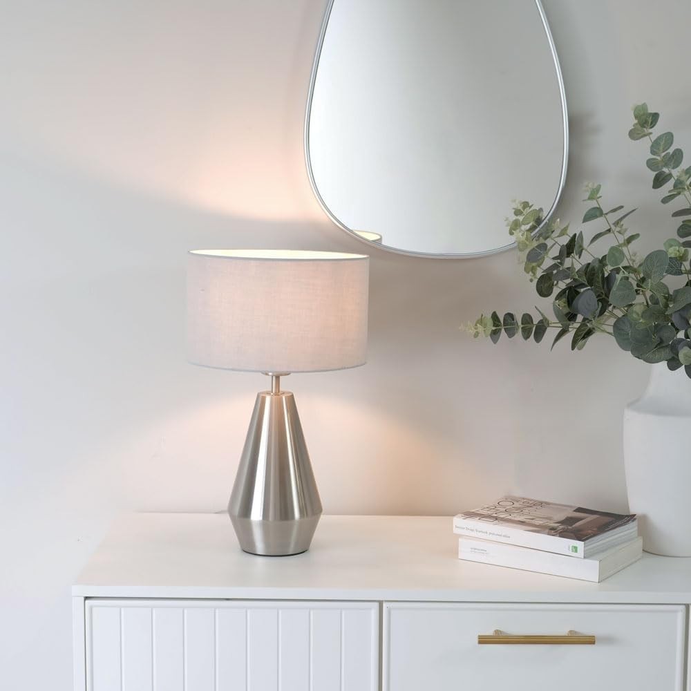 Silver Touch Dimmer Table Lamp LED Grey Drum Shade Bedside Desk Light