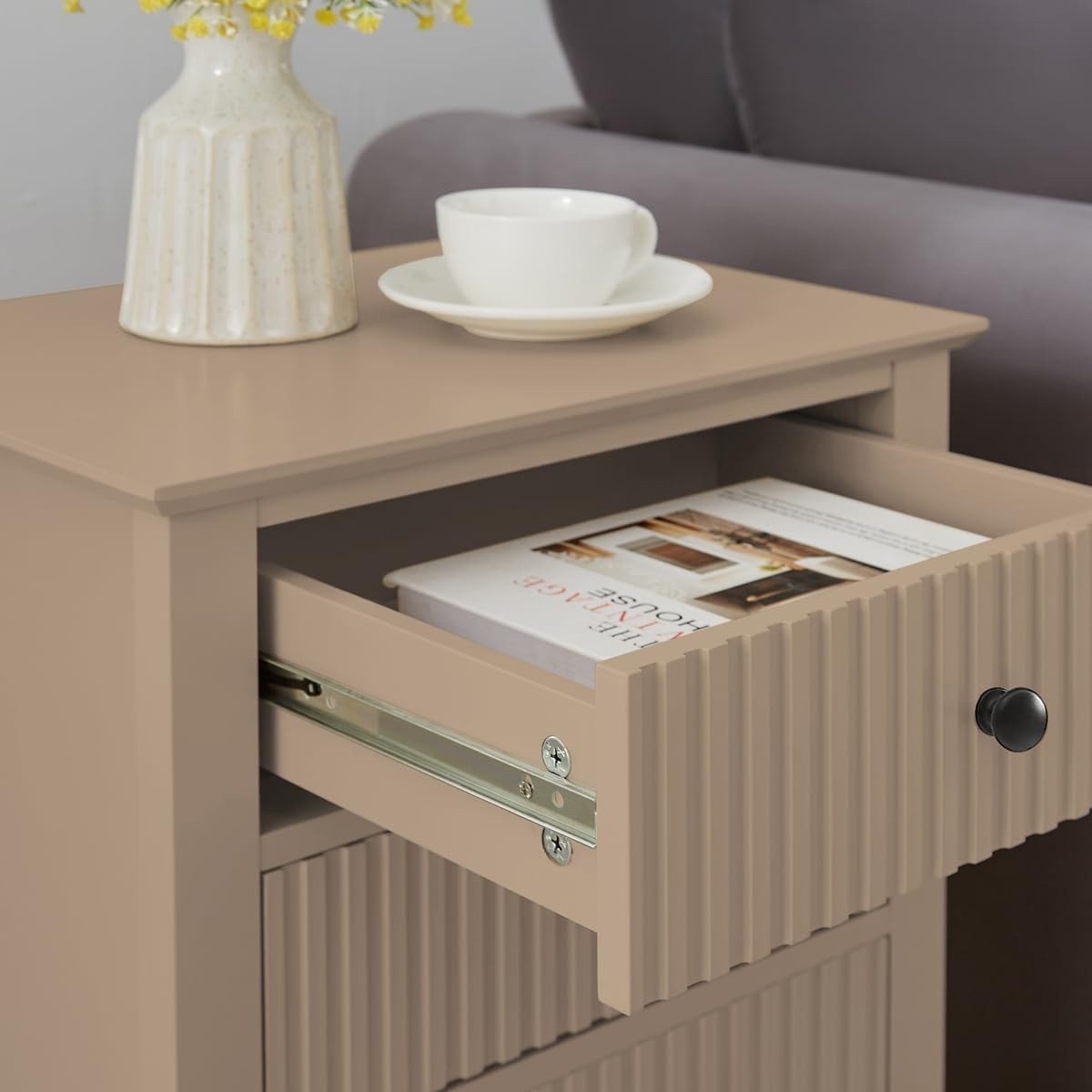 Pair of Modern 3 Drawer Bedside Tables – Taupe Tan Wood Nightstands