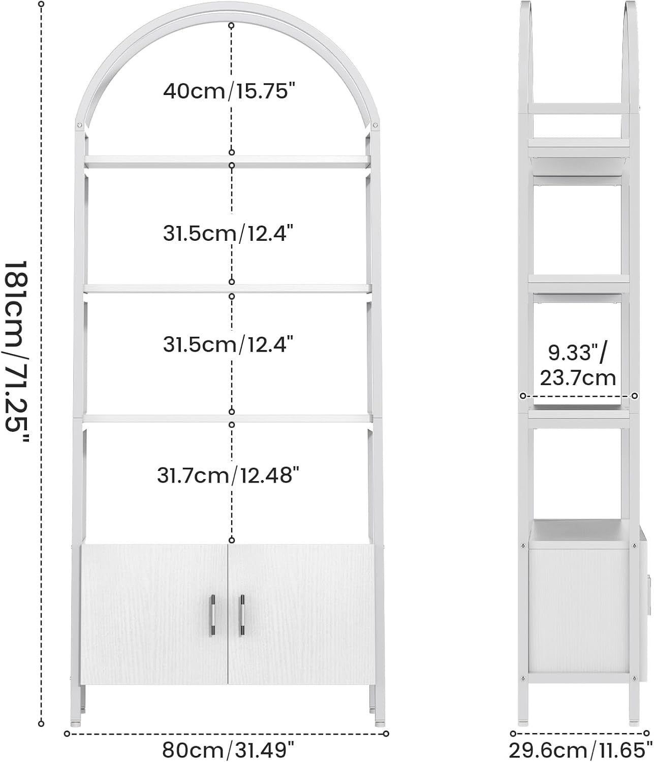 Tall Arched Bookshelf with Drawers 5 Tier Metal Frame Display Shelf White
