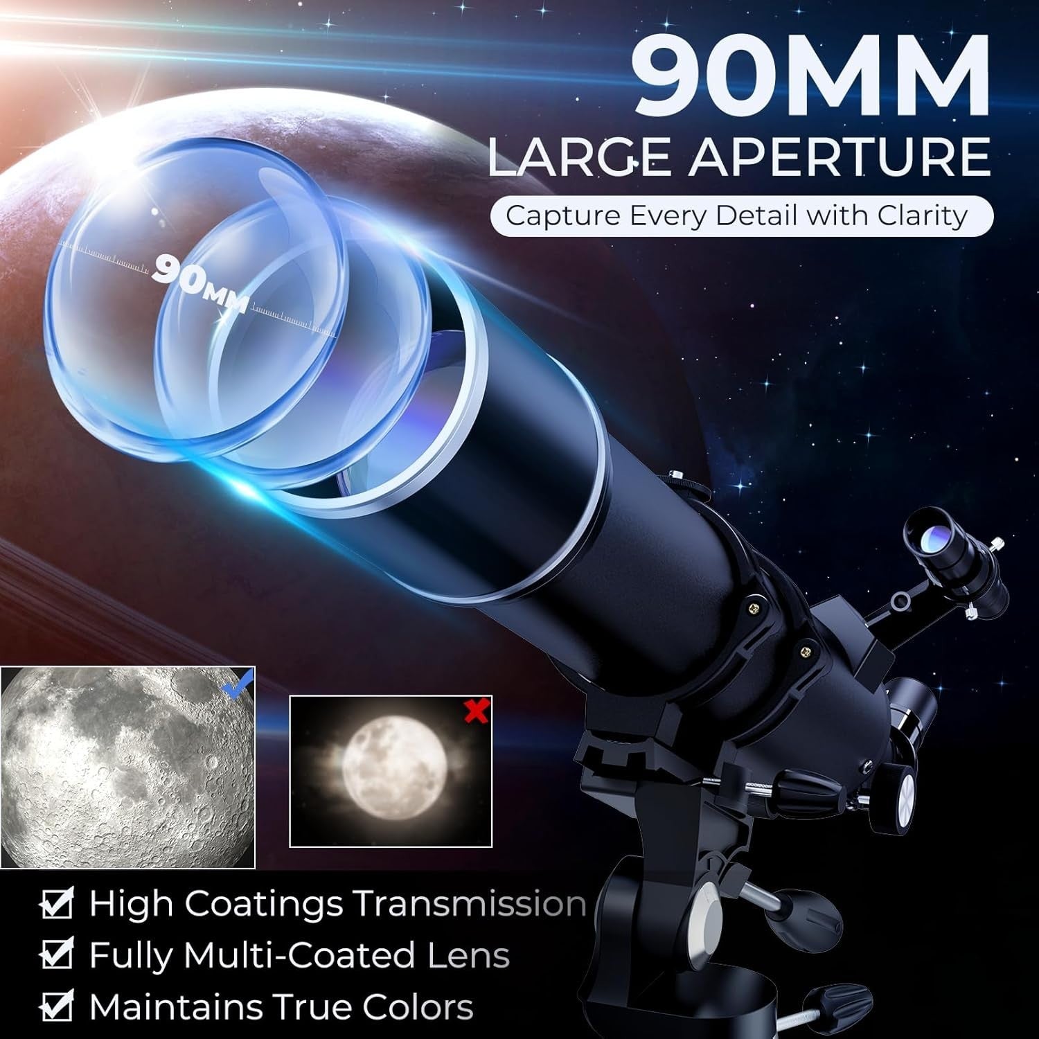 Advanced Telescope 90mm Refractor 32X-240X Astronomy Kit Black Tripod