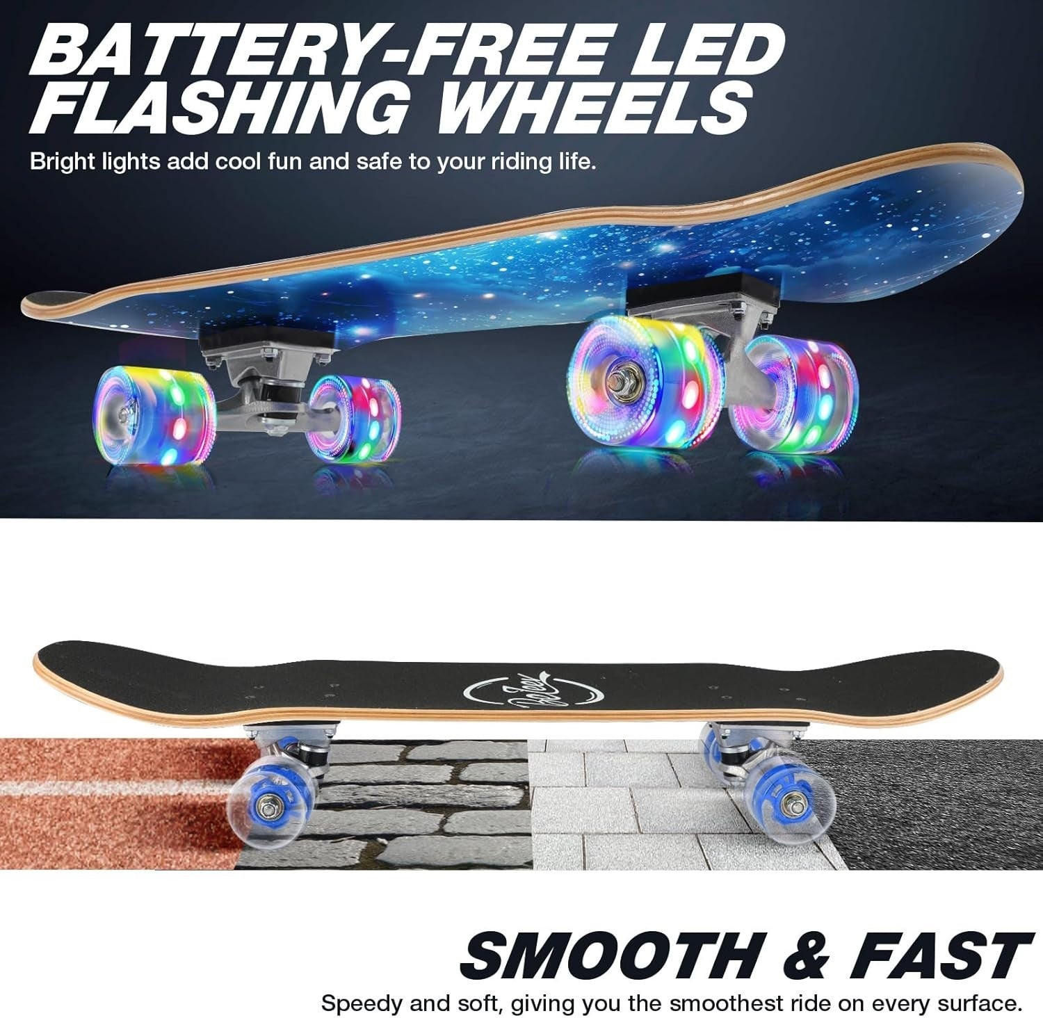 31x8 Complete Skateboard Maple Deck Double Kick Kids Teen Adult Galaxy Blue