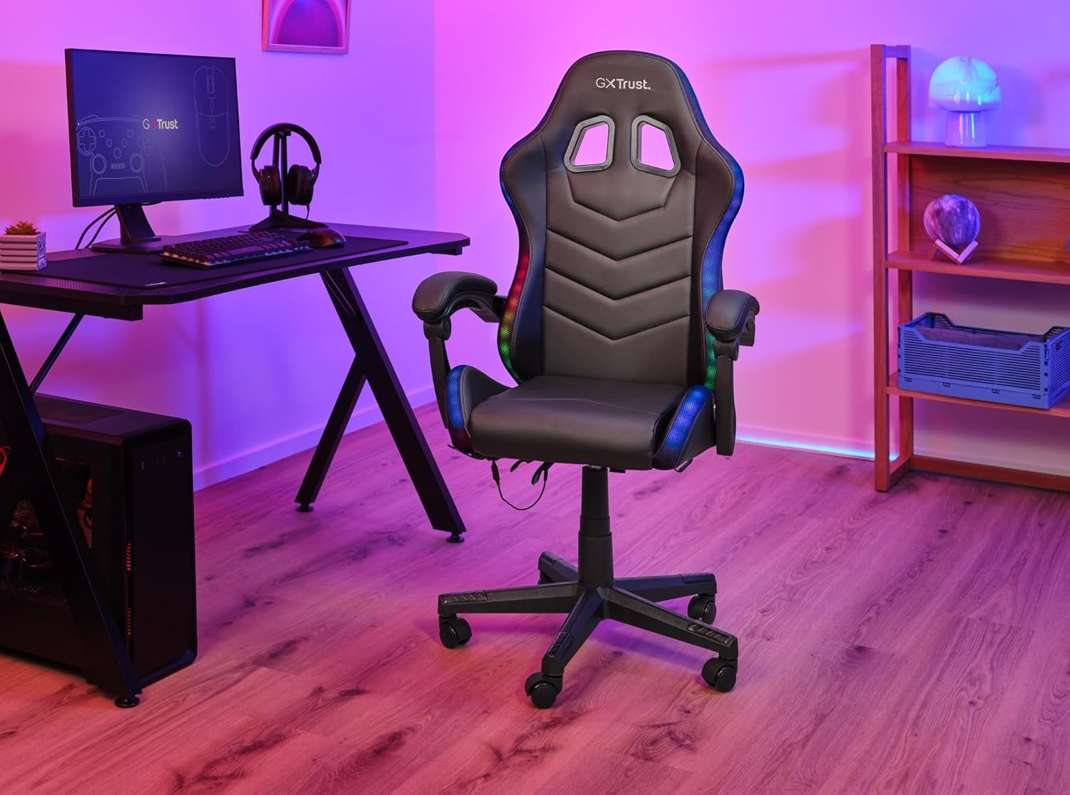 RGB LED Gaming Chair High Back Swivel PU Leather Black