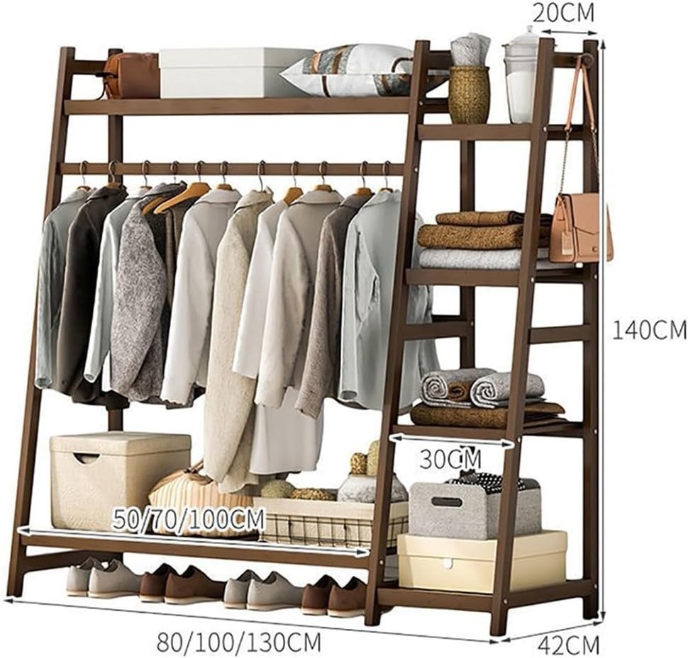 Bamboo Clothes Rack with 7 Shelves, Wardrobe Organizer and Hanging Rail
