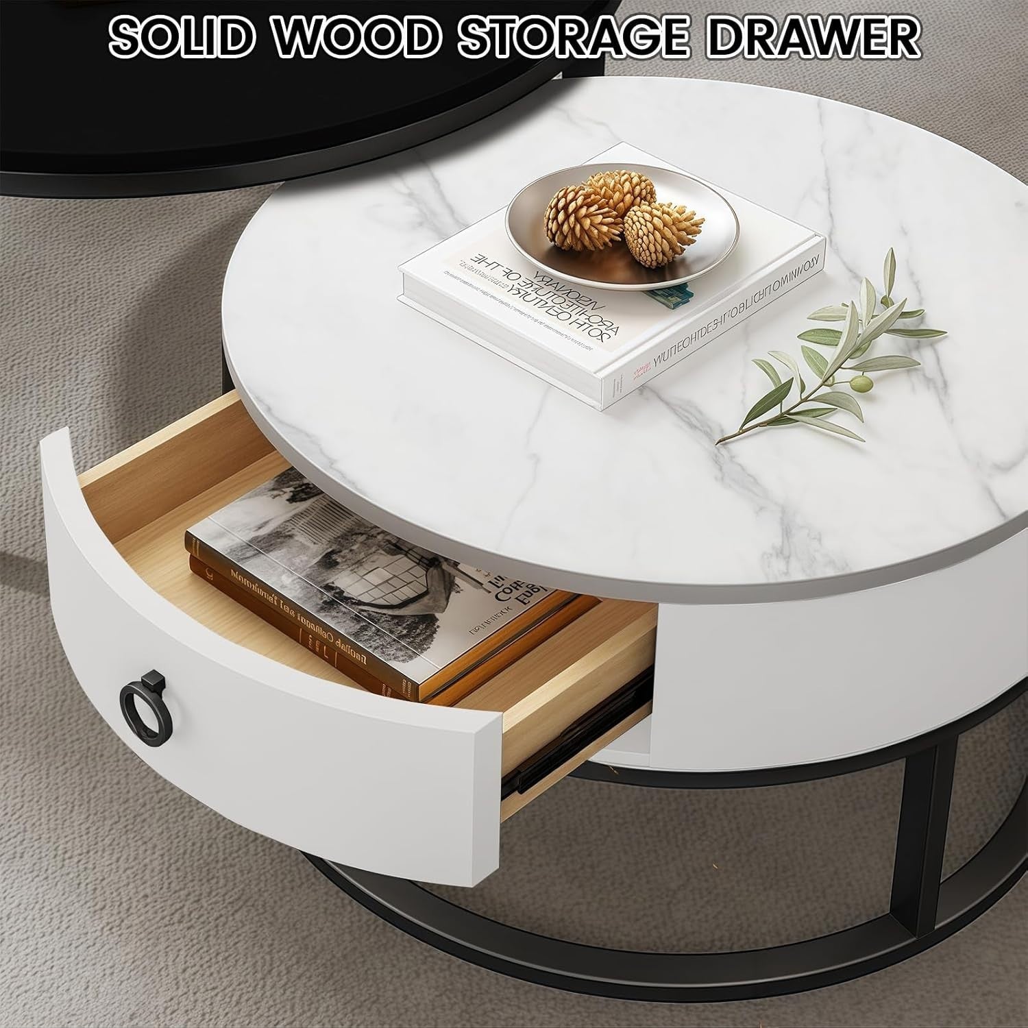 2-in-1 Nesting Coffee Table Set w/ Drawer, Marble & Glass Top, Space-Saving