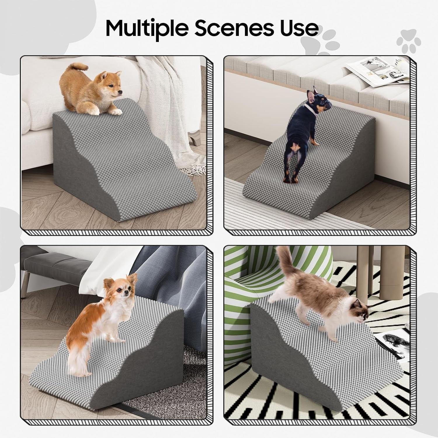 Dog Stairs for Small Dogs & Cats Foam Pet Steps Washable Cover Grey