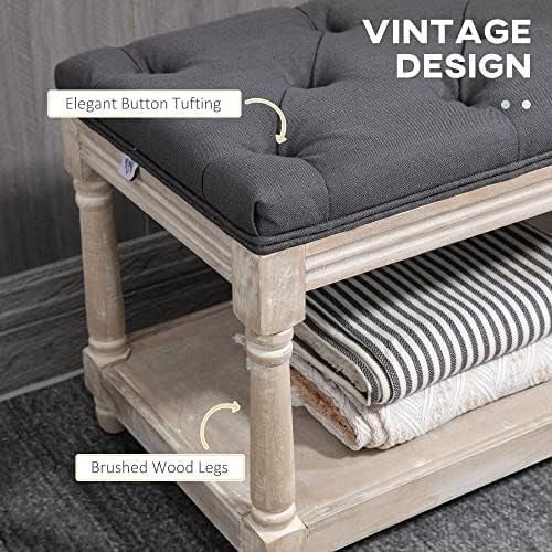 Grey Upholstered Bed End Bench with Shelf, Tufted Seat Storage Ottoman