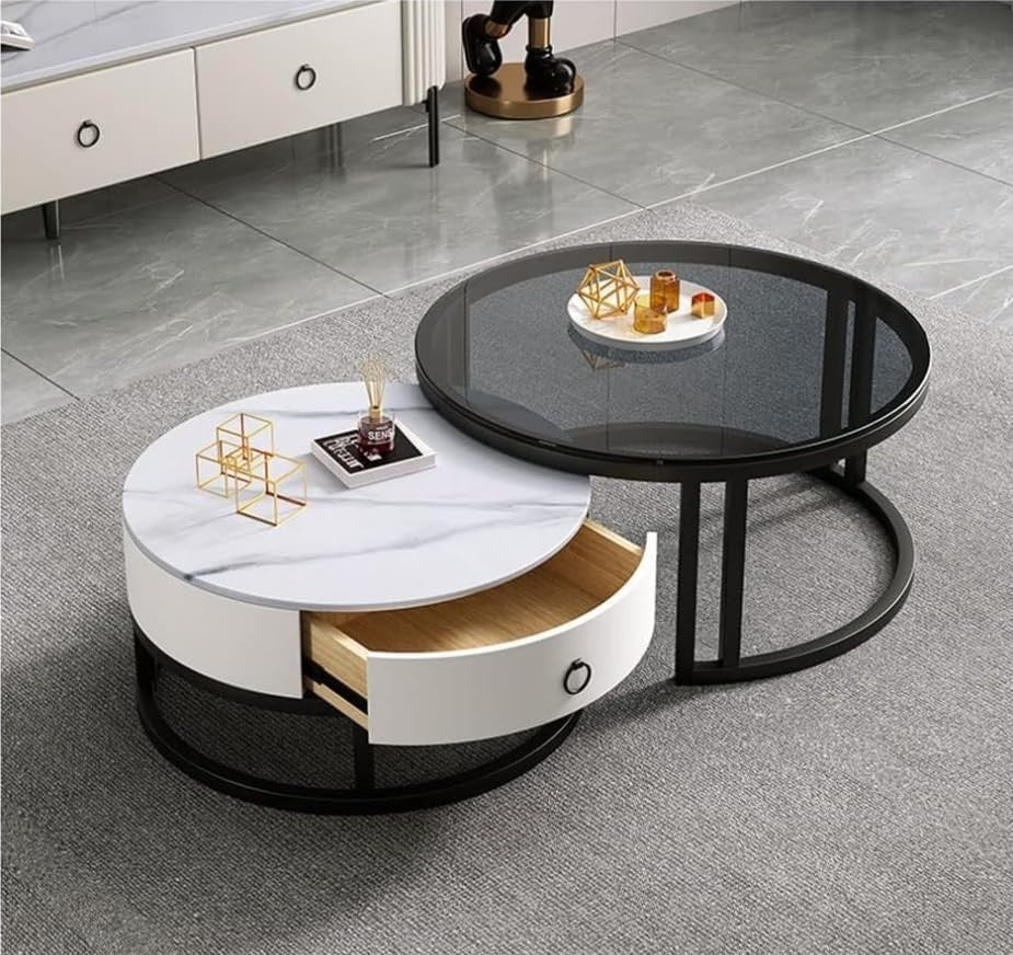 Nesting Coffee Table Set of 2 – Round Tables with Storage & Metal Frame