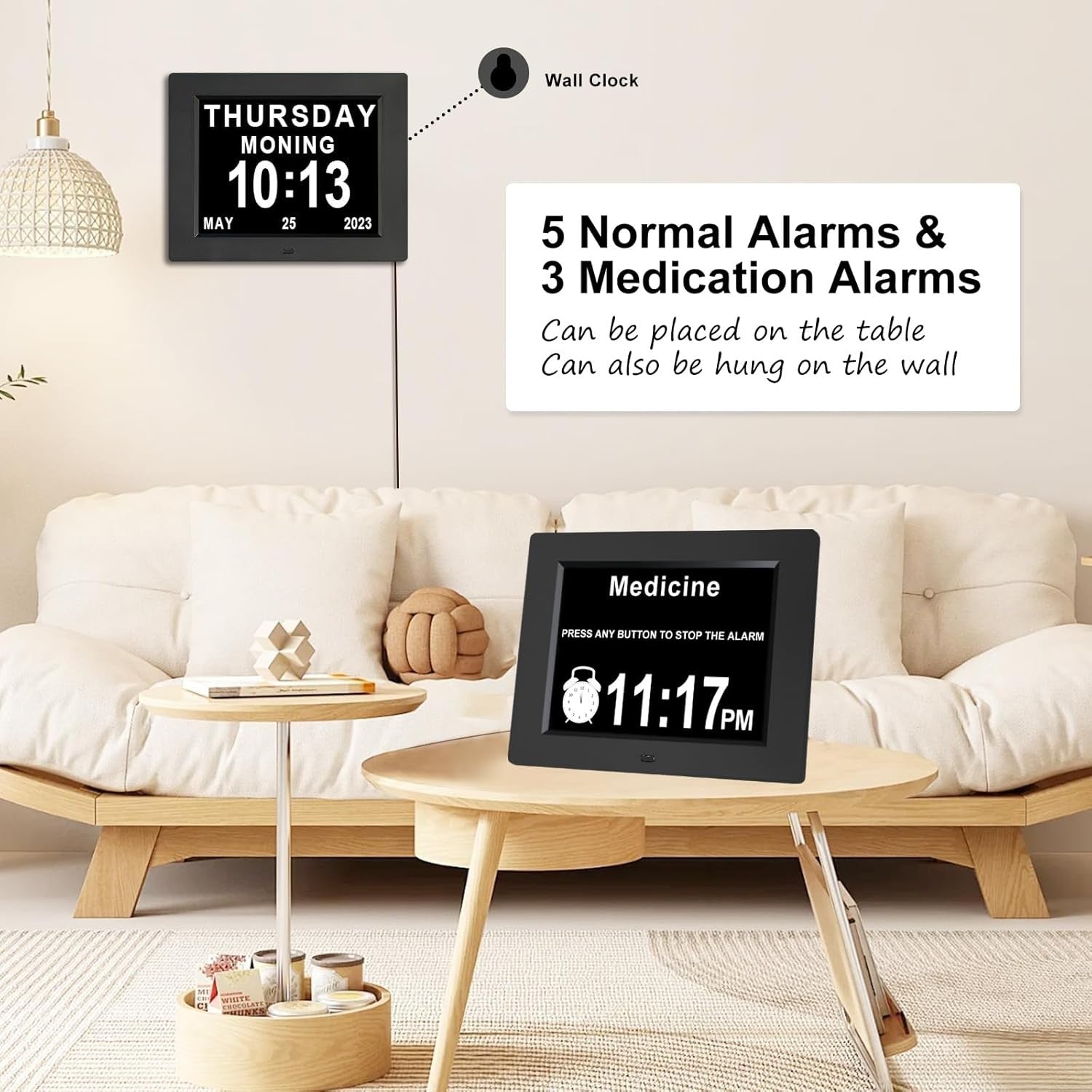 Digital Day Calendar Alarm Clock for Seniors Dementia Black Large Display