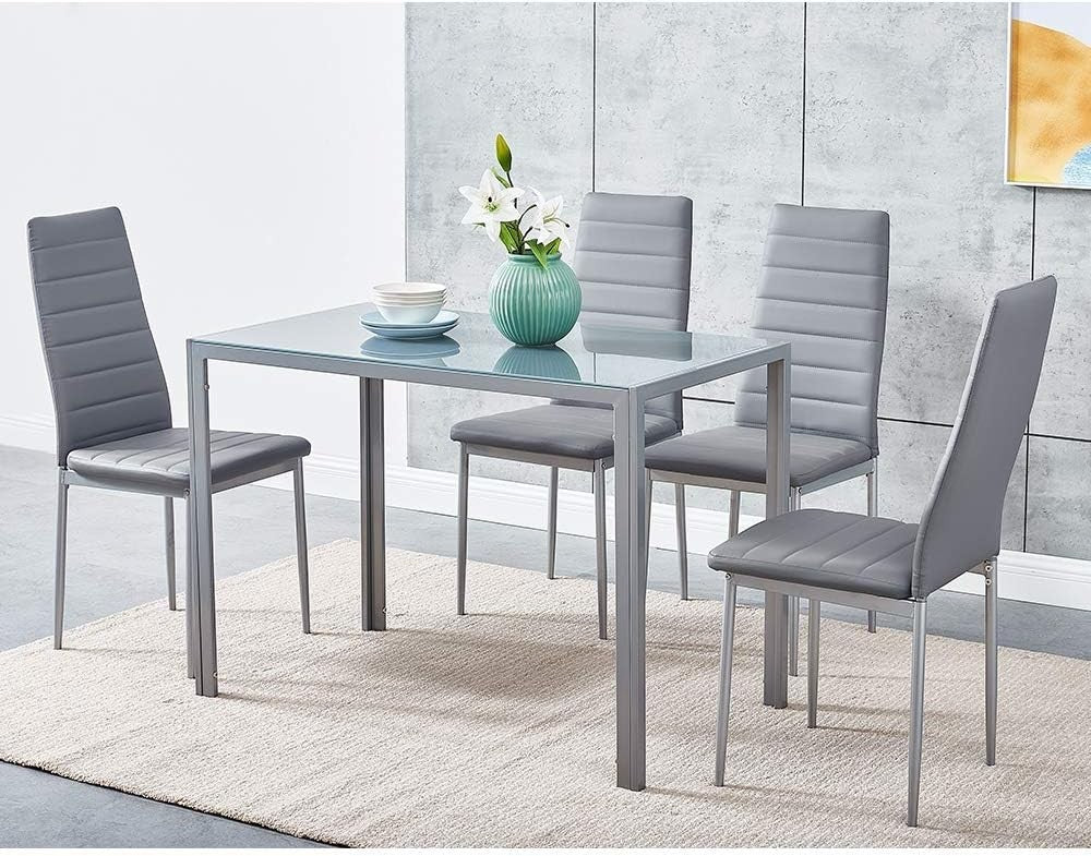 Tempered Glass Dining Table with 4 PU Leather Chairs - Modern, Durable Set