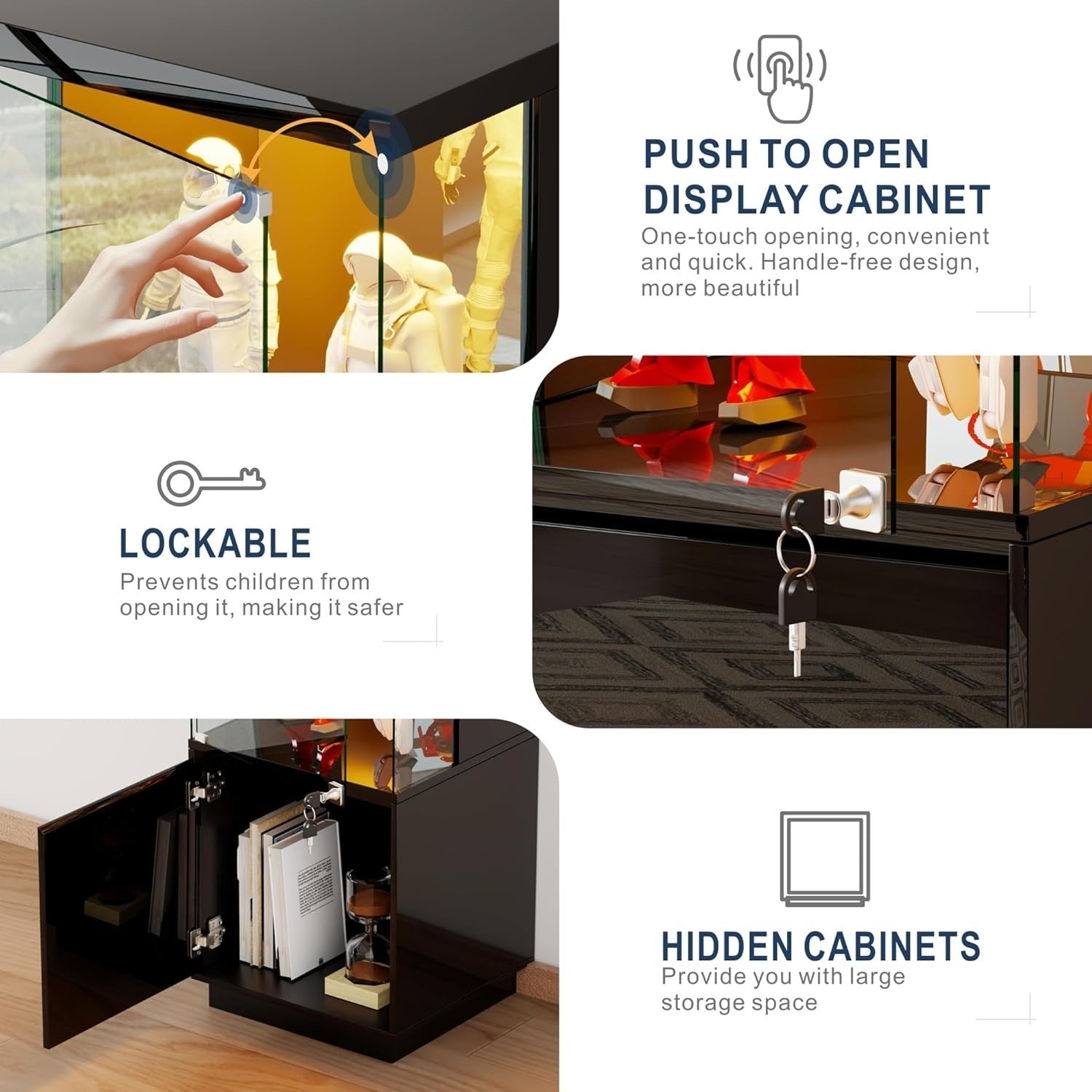 Tall Glass Display Cabinet w/ Lights & Lock | Modern 3-Tier Storage Unit