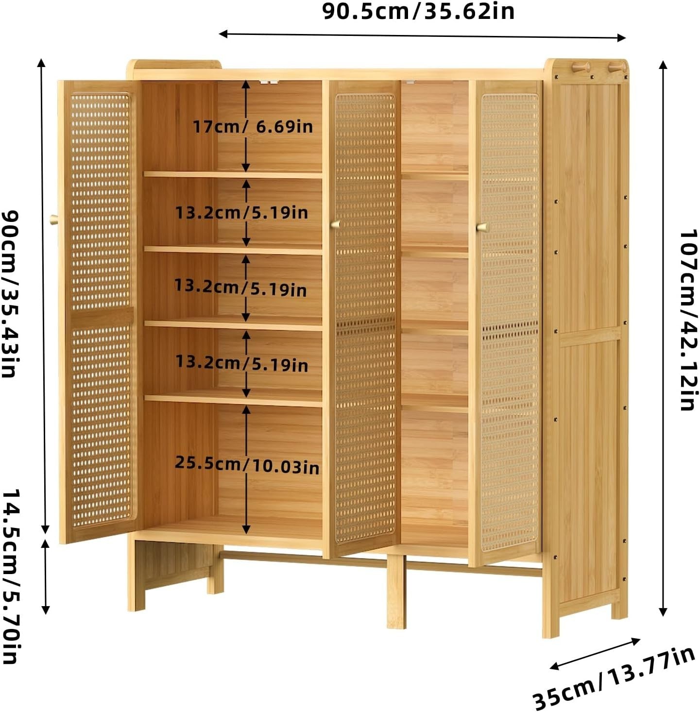 Large 5-Tier Bamboo Shoe Cabinet with Rattan Doors & Side Hooks, Slim Organizer