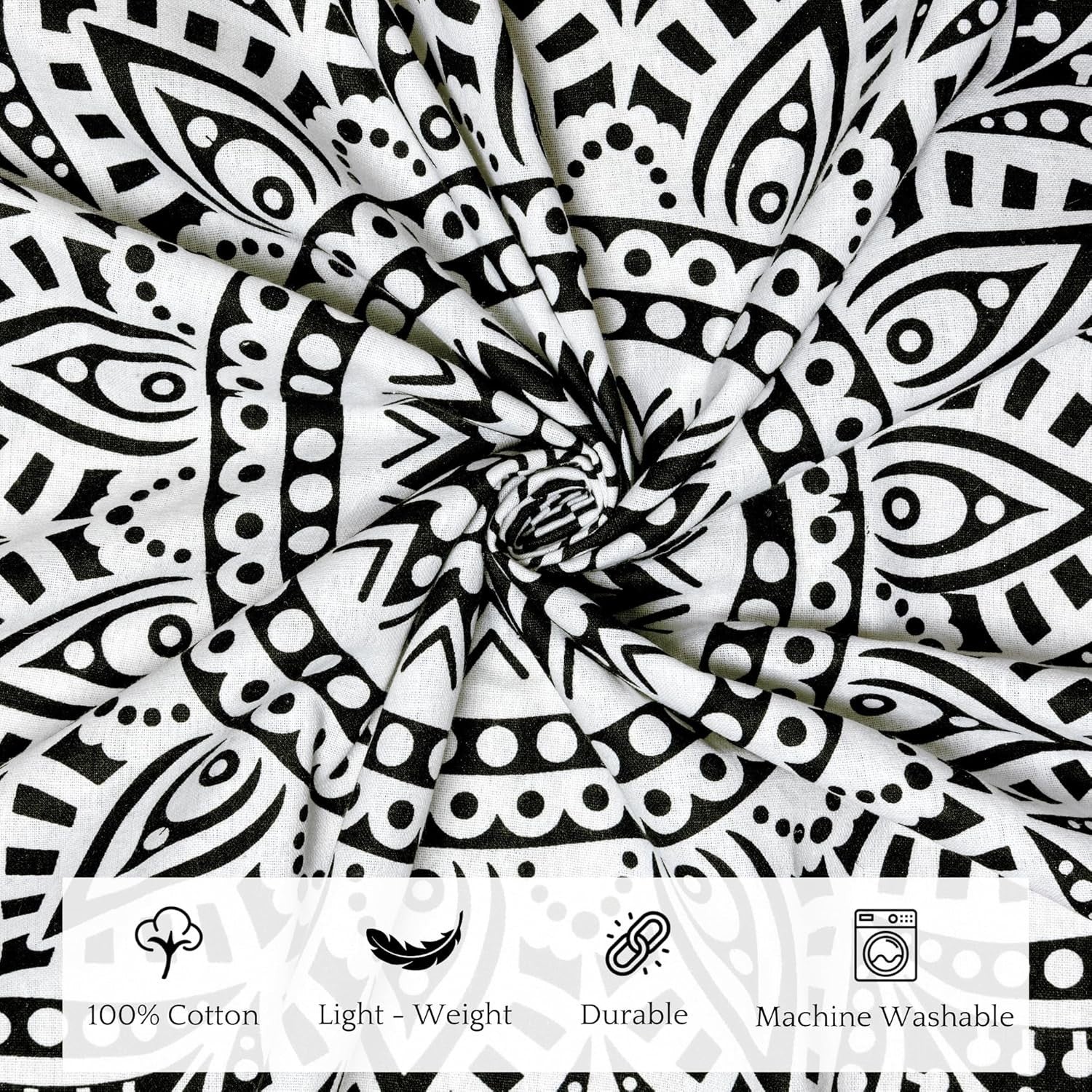 Black Mandala Cotton Tapestry 213x230cm Boho Wall Hanging