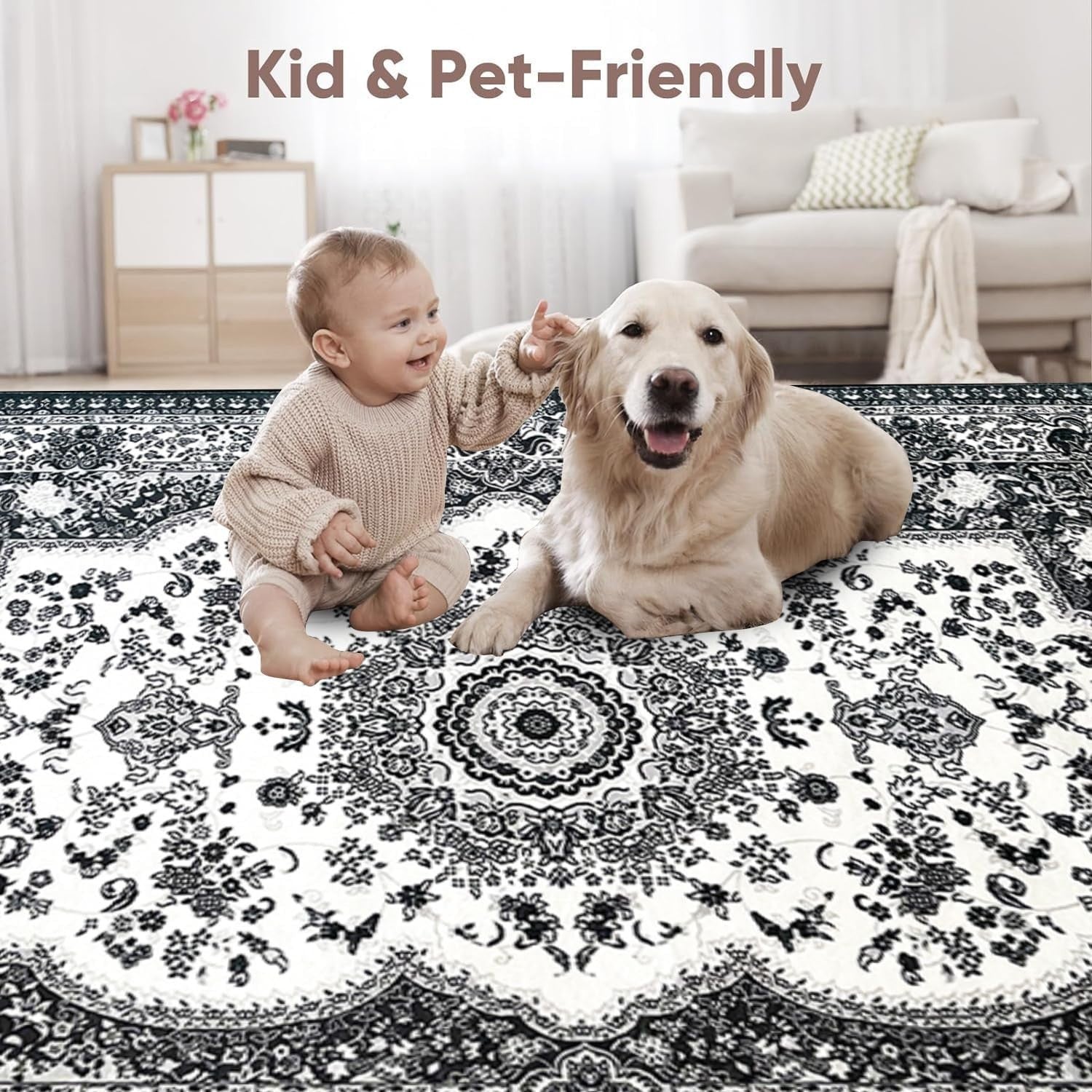 Extra Large Grey Oriental Area Rug 200x290cm Washable Low Pile Vintage Style