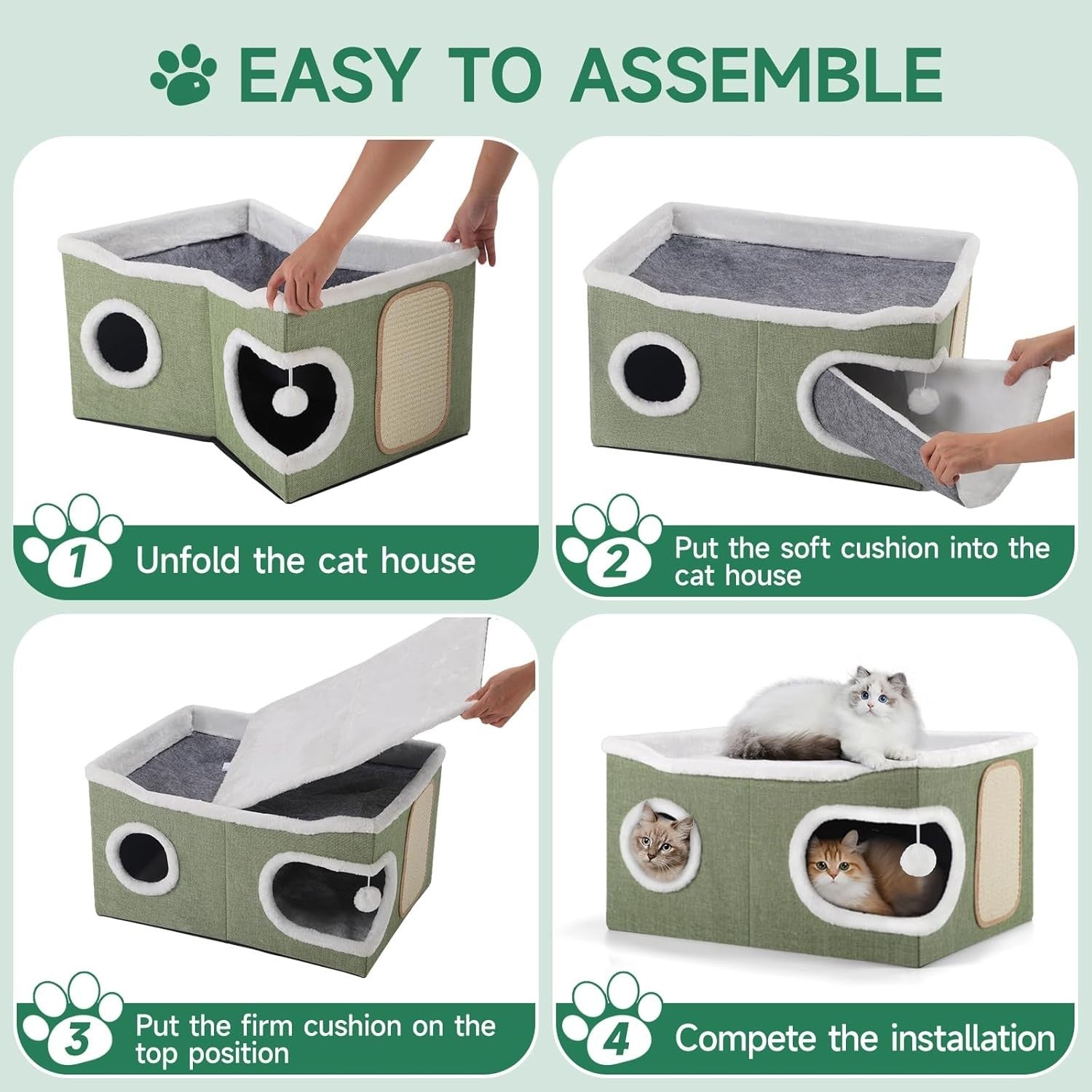 Extra Wide 2 Layer Cat Cube House Foldable Cave w Scratch Board Green
