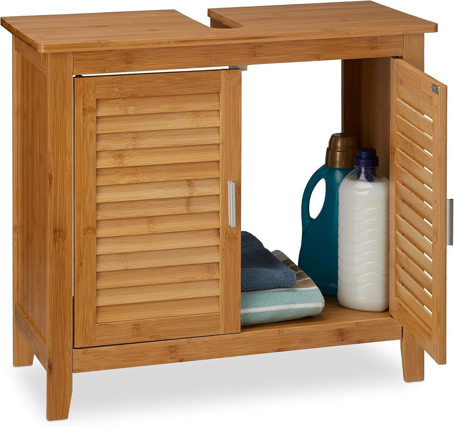 Natural Bamboo Under Sink Bathroom Cabinet – 2 Door Storage Unit 60x67cm
