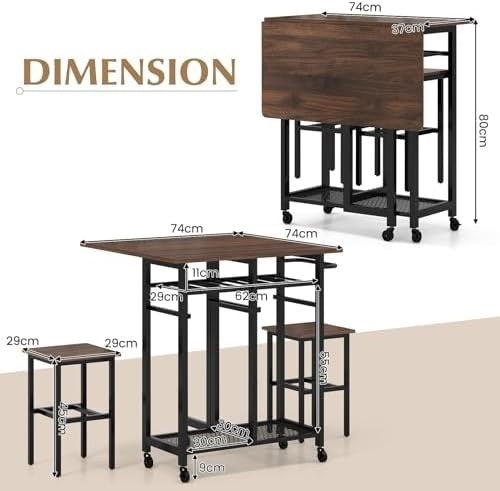 Foldable Drop Leaf Dining Table Set with Wine Rack Shelves & Stools on Wheels