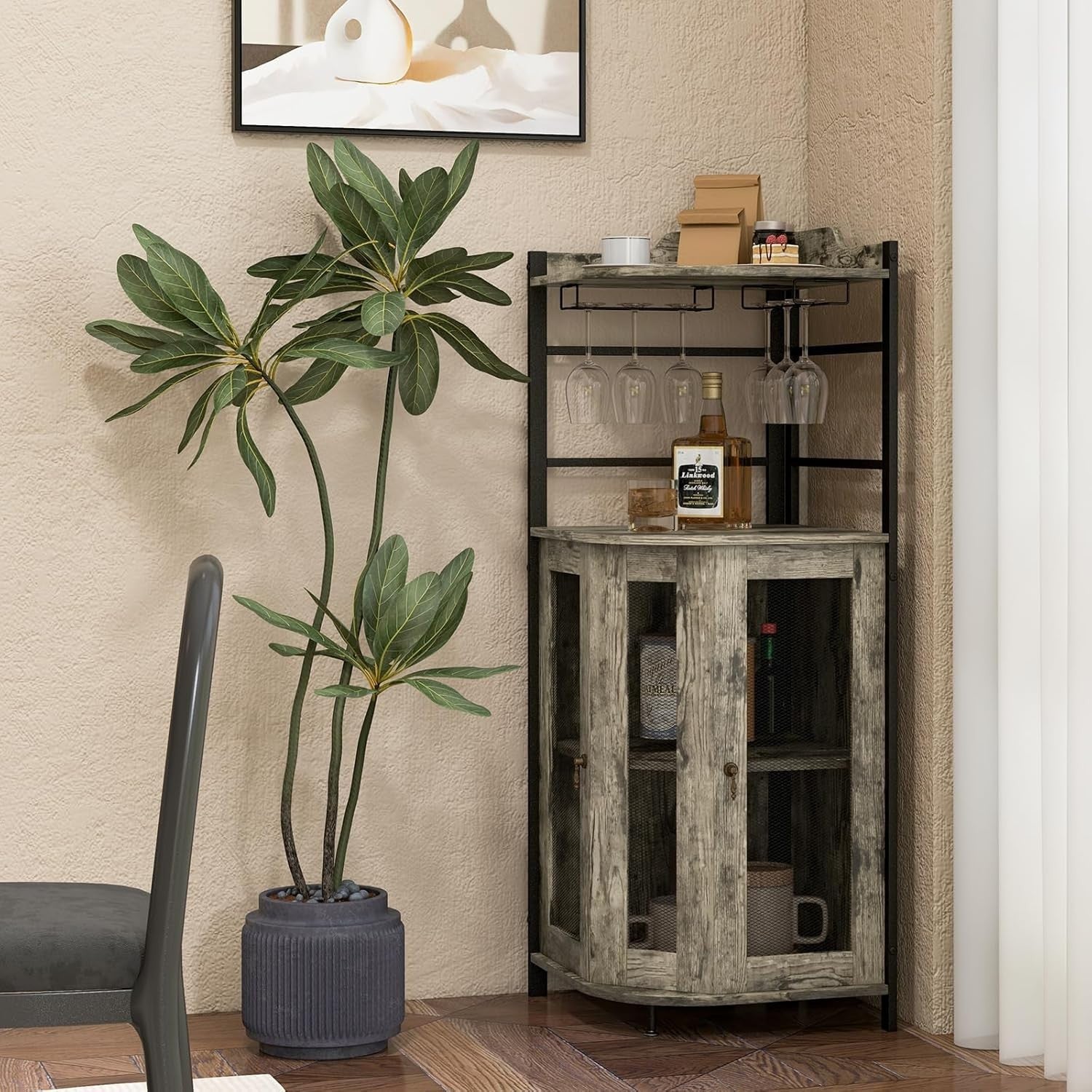 Corner Bar Cabinet with Wine Glass Rack & Storage Shelves Home Drinks Unit