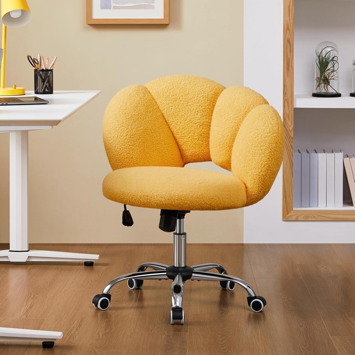 Yellow Boucle Cloud Vanity Chair Swivel Adjustable Desk Chair with Wheels
