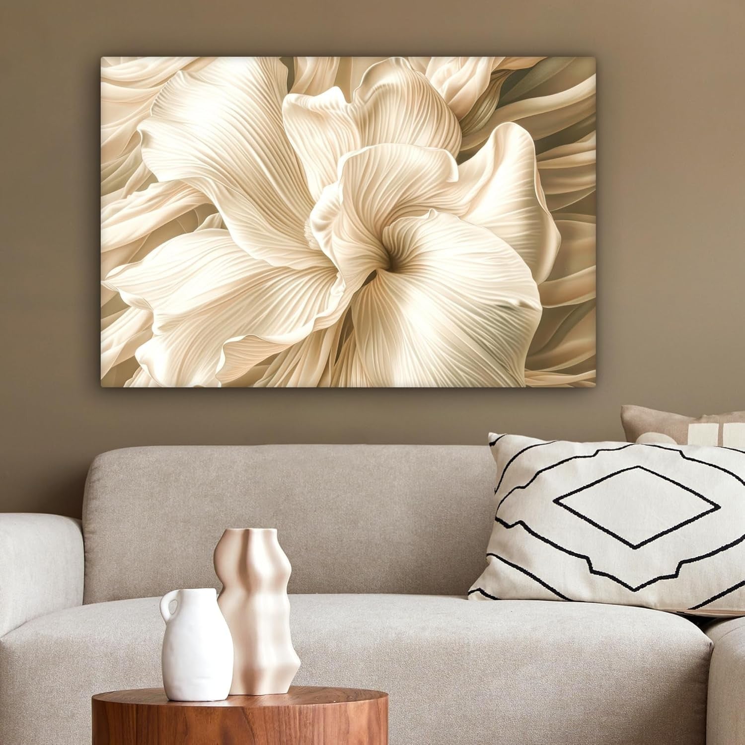 Beige Flower Canvas Wall Art 60x40cm Framed Modern Floral