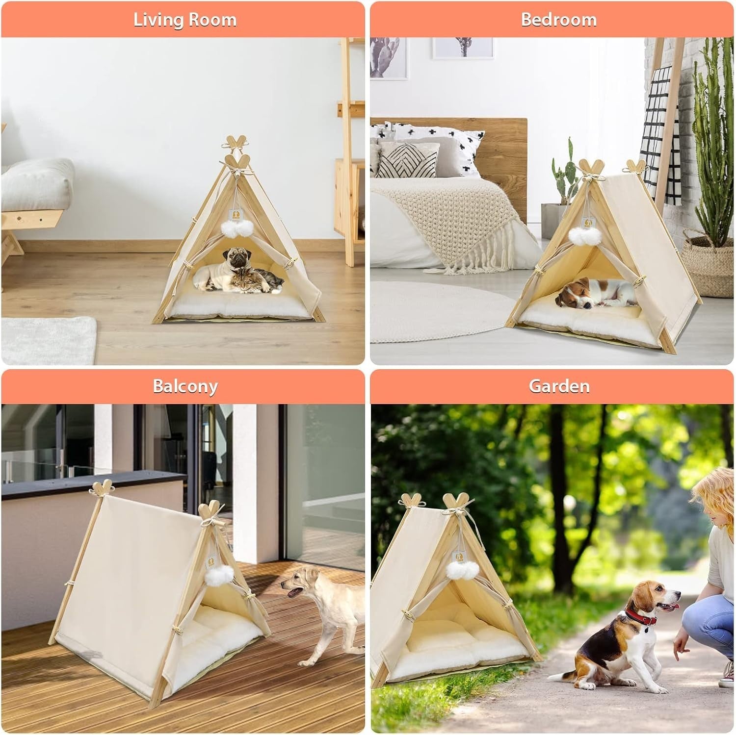 Wooden Pet Teepee Tent Cat Dog House w Cushion Indoor Shelter Beige