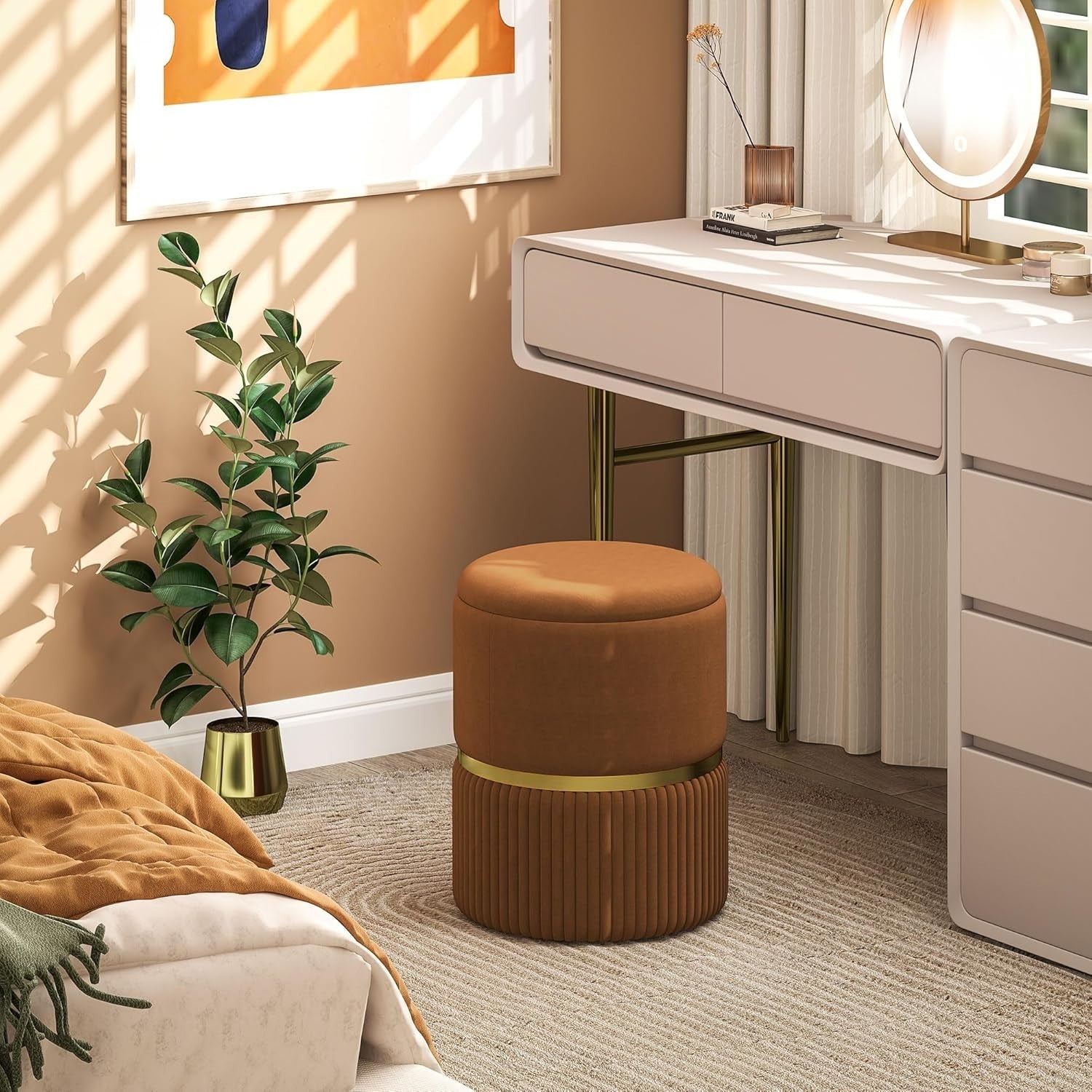 Light Brown Velvet Storage Stool Round Ottoman Padded Seat Vanity Footrest