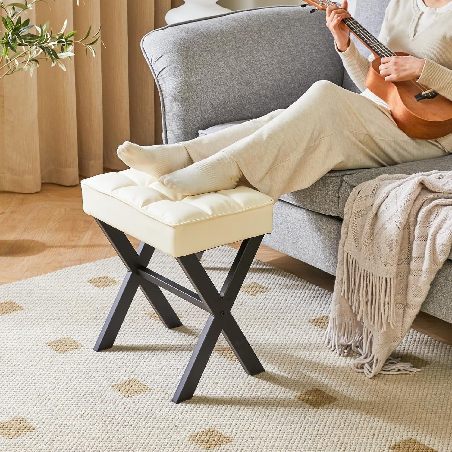 White PU X-Leg Vanity Stool – Square Makeup Seat & Footrest for Bedroom