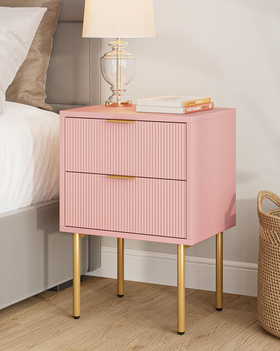 Modern Pink Bedside Table with 2 Drawers & Gold Legs | Wooden Nightstand