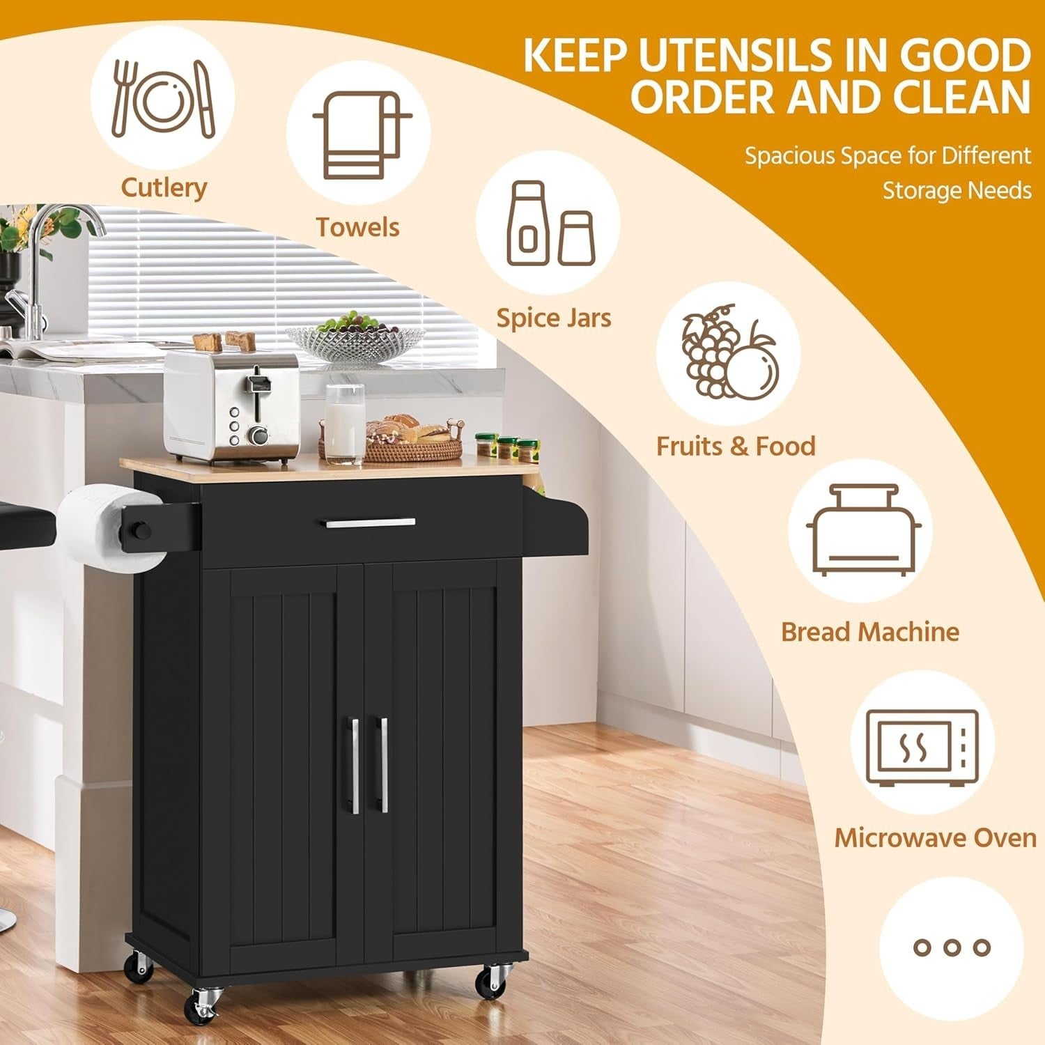 Black Kitchen Island Cart on Wheels w/ Bamboo Top Cabinet