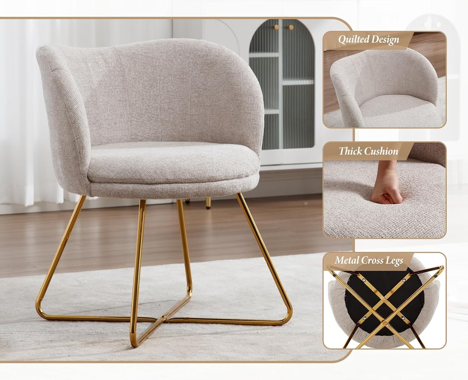 Oatmeal Chenille Accent Chair Gold Metal Legs Tub Armchair
