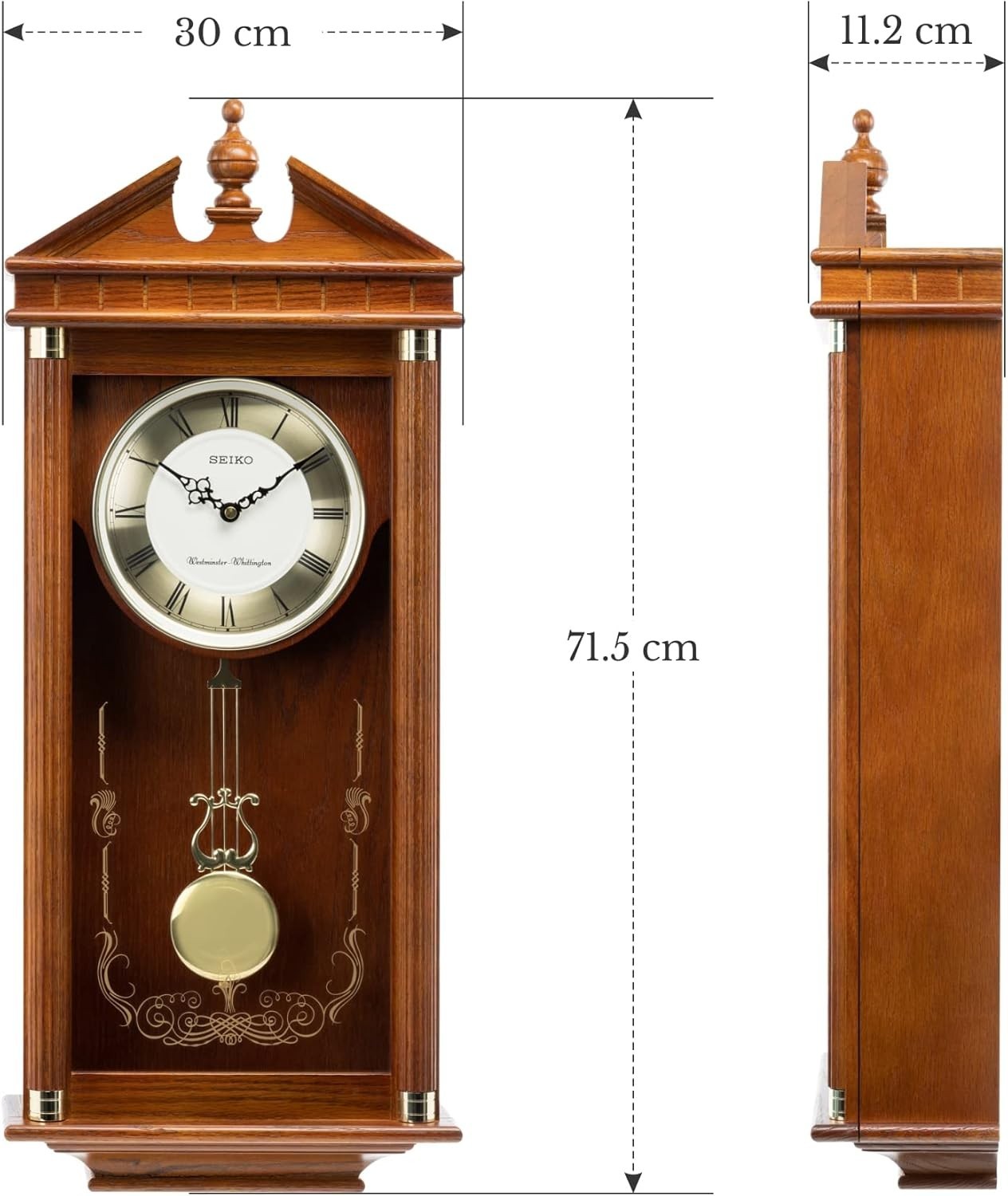 Quartz Wall Clock with Westminster Dual Chime & Silent Pendulum Brown