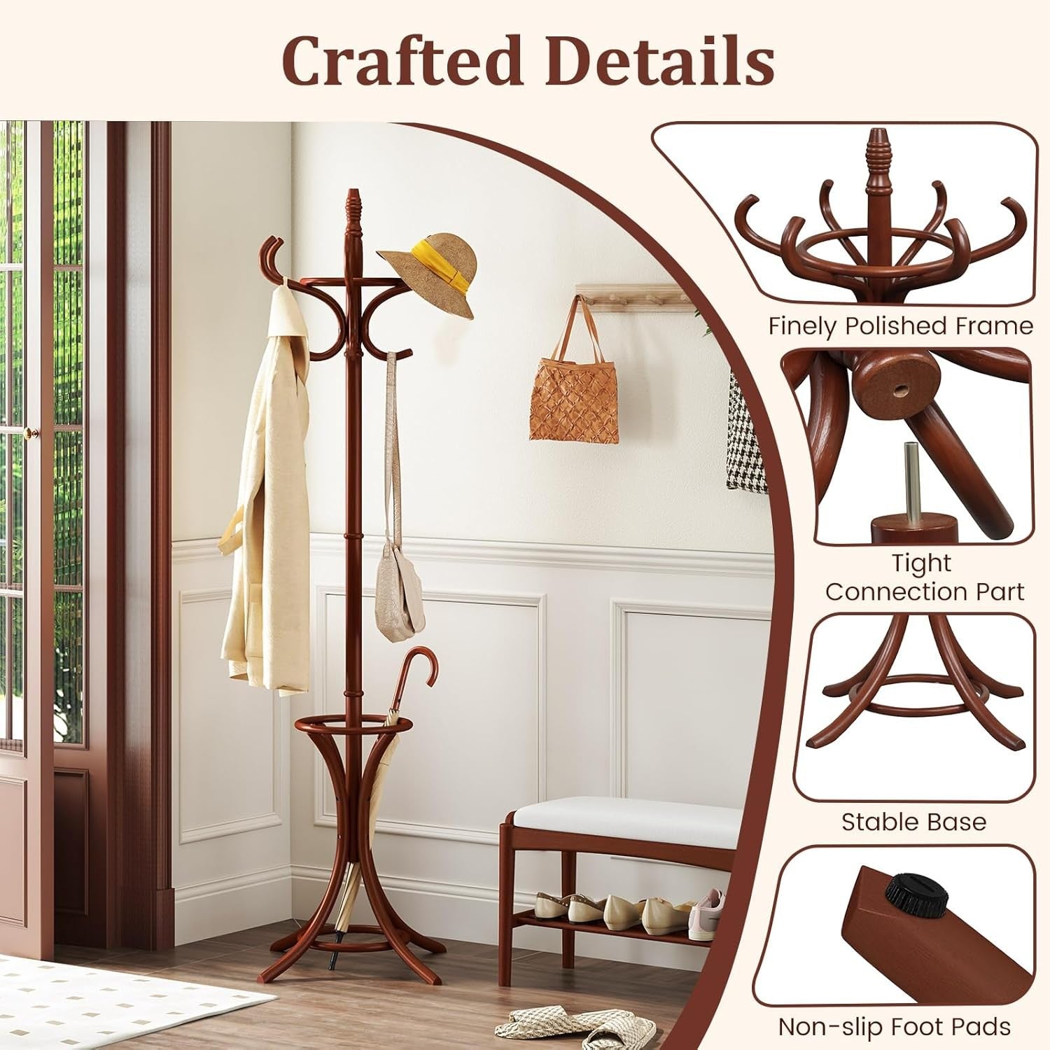 Wooden Coat Rack Stand 12 Hooks & Umbrella Holder | 73” Freestanding Hall Tree