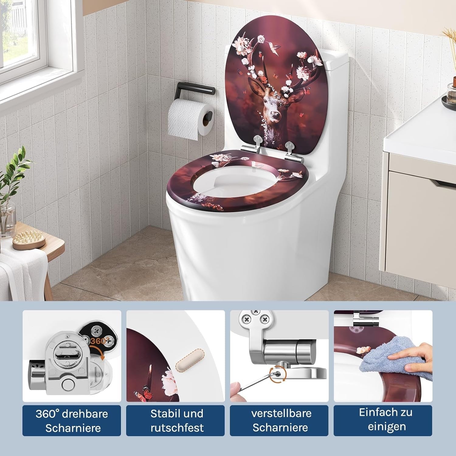 O-Shaped Toilet Seat Soft Close Quick Release Adjustable Hinges Deer Pattern MDF