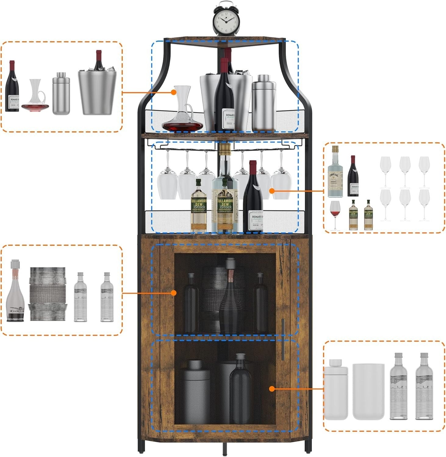 Rustic Corner Wine Bar Cabinet with Glass Rack & Storage Shelves, Freestanding