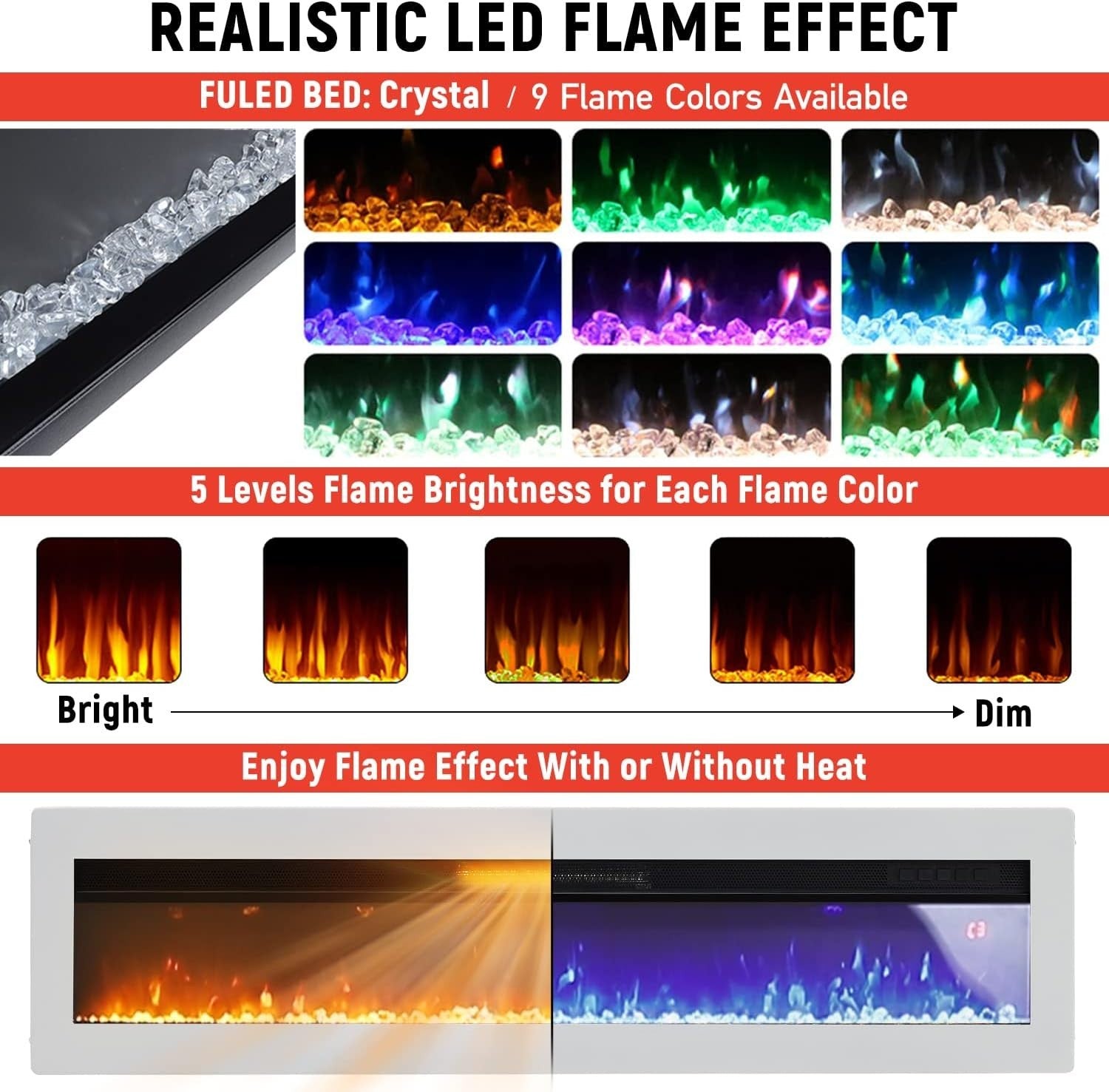 50" Electric Fireplace Wall Mounted Heater LED Flame Remote Timer