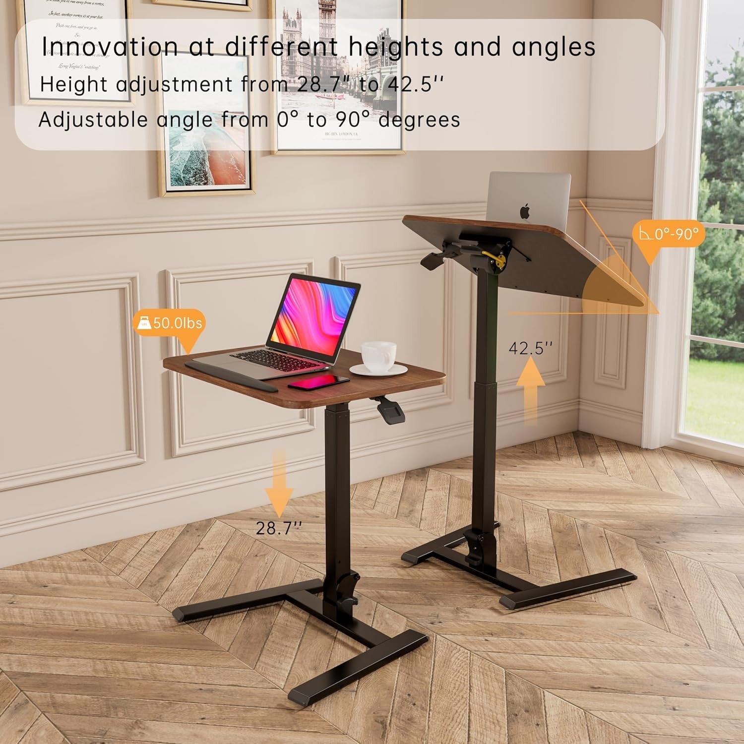 Folding Standing Laptop Desk Sit Stand Rolling Workstation Brown Wood