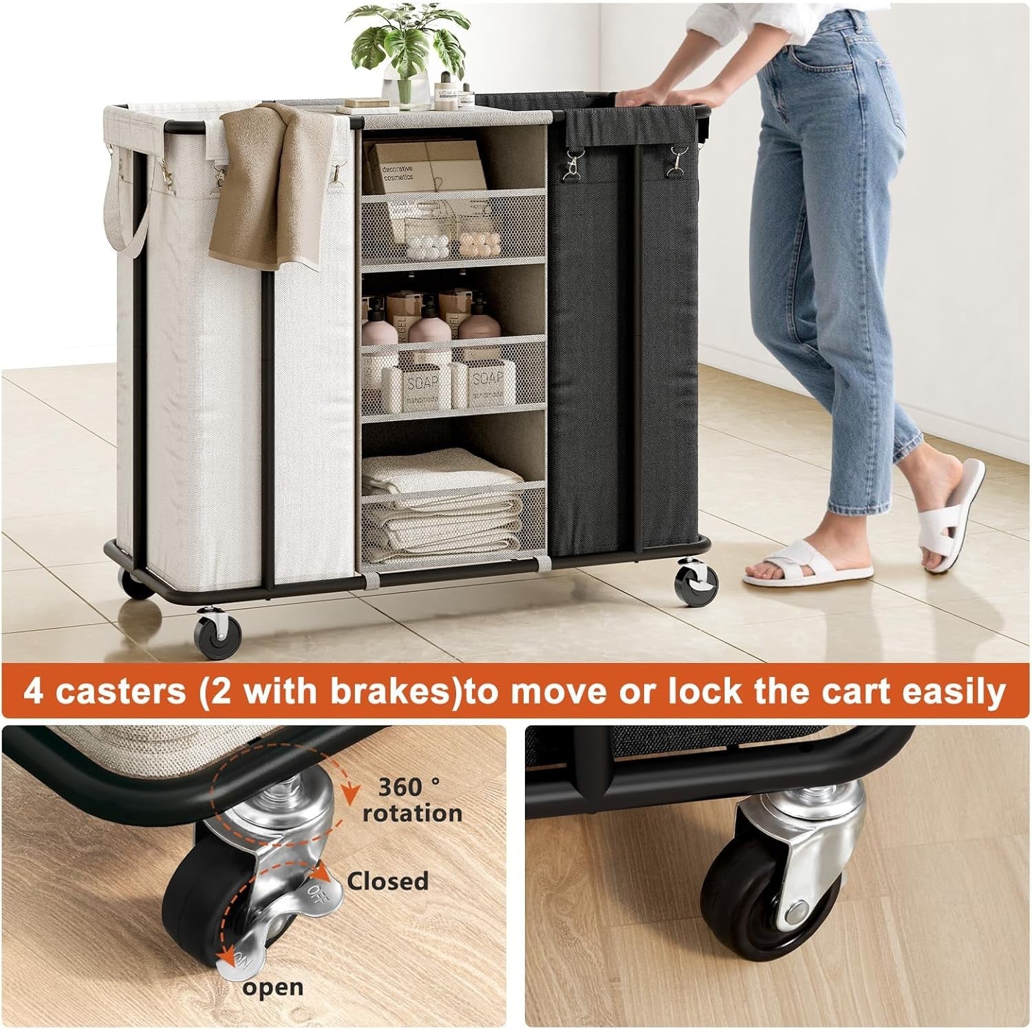 200L Rolling Laundry Sorter 2 Section with Wheels Hanging Bags & Shelves Beige