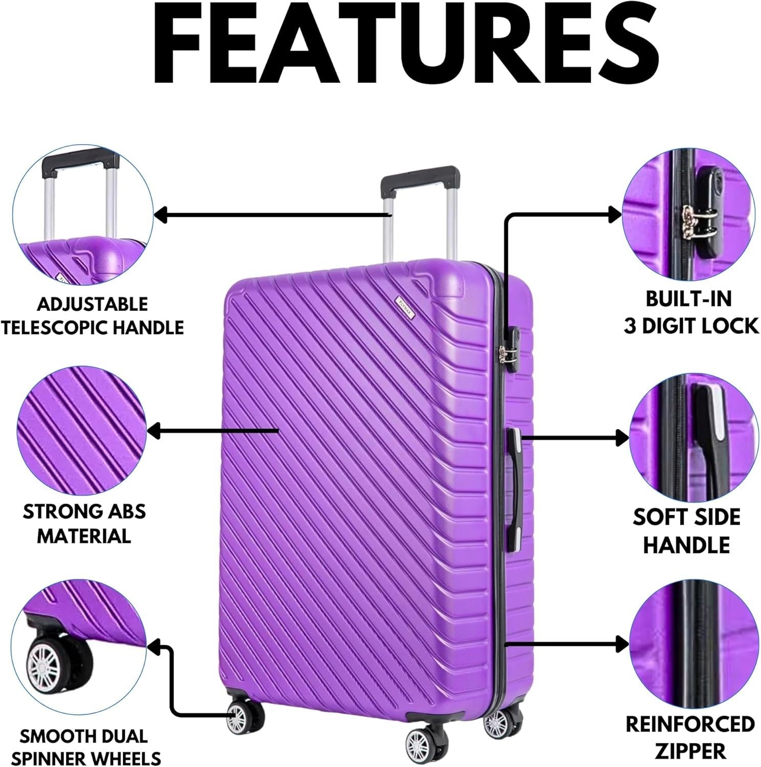 Medium 24'' Hard Shell Suitcase Lightweight ABS 4 Wheel 3 Digit Lock