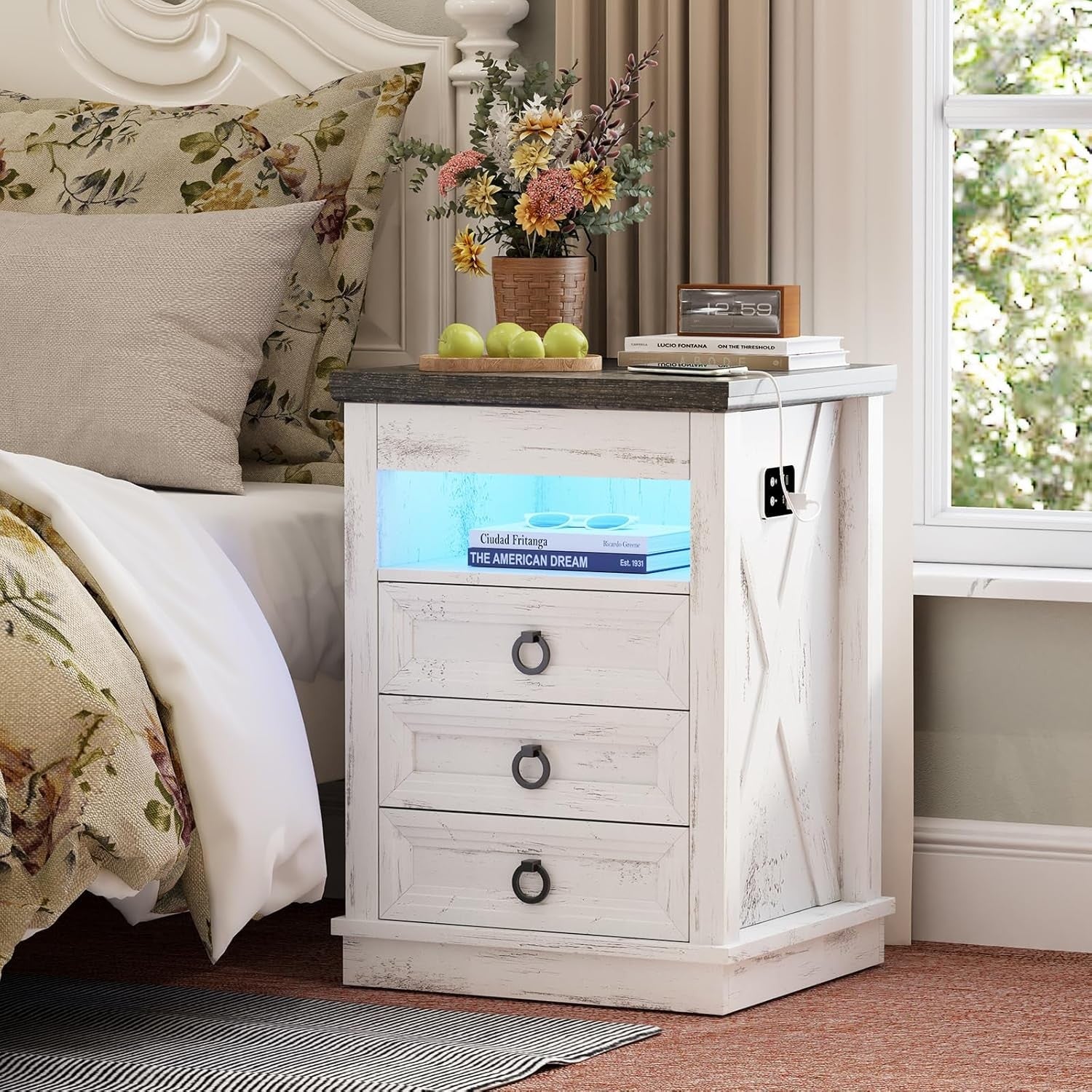 White Smart Bedside Table with Wireless Charging, LED Lights & 4 Drawer Storage