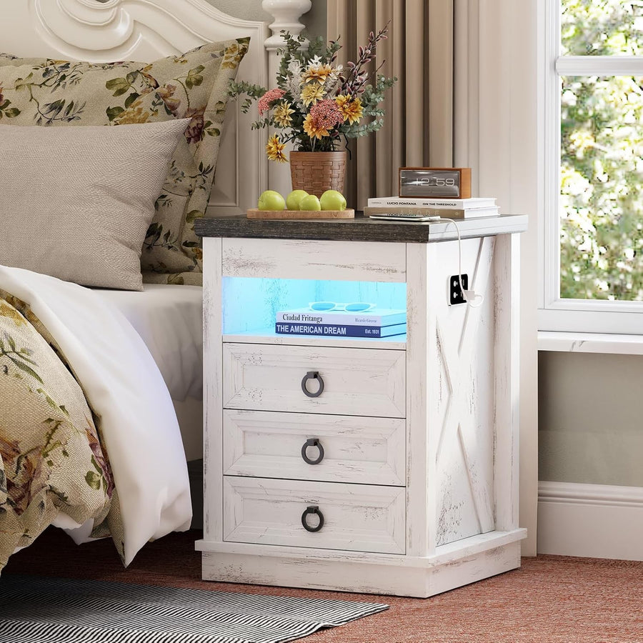 White Smart Bedside Table with Wireless Charging, LED Lights & 4 Drawer Storage