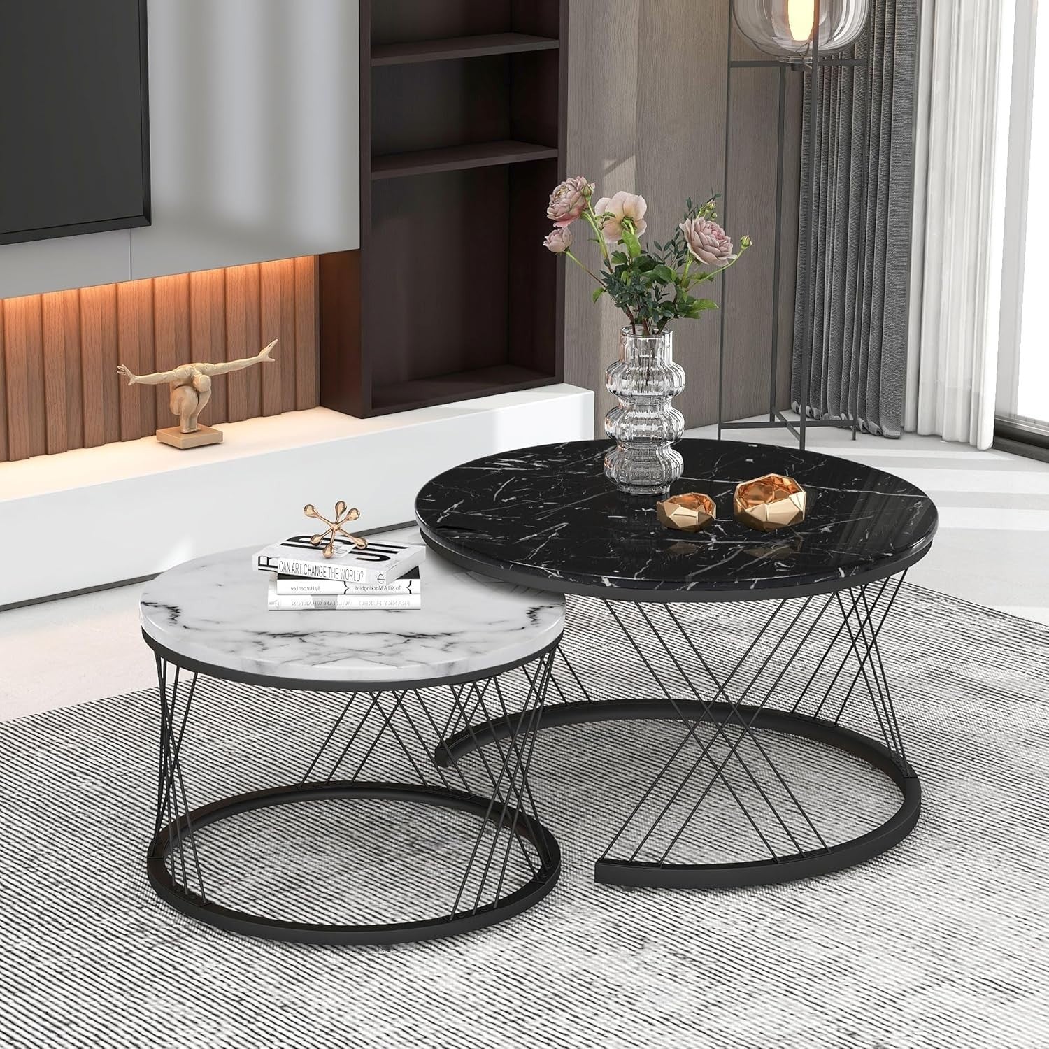ModernLuxe 2-in-1 Round Coffee Table Set with Marble Top & Rattan Drawer