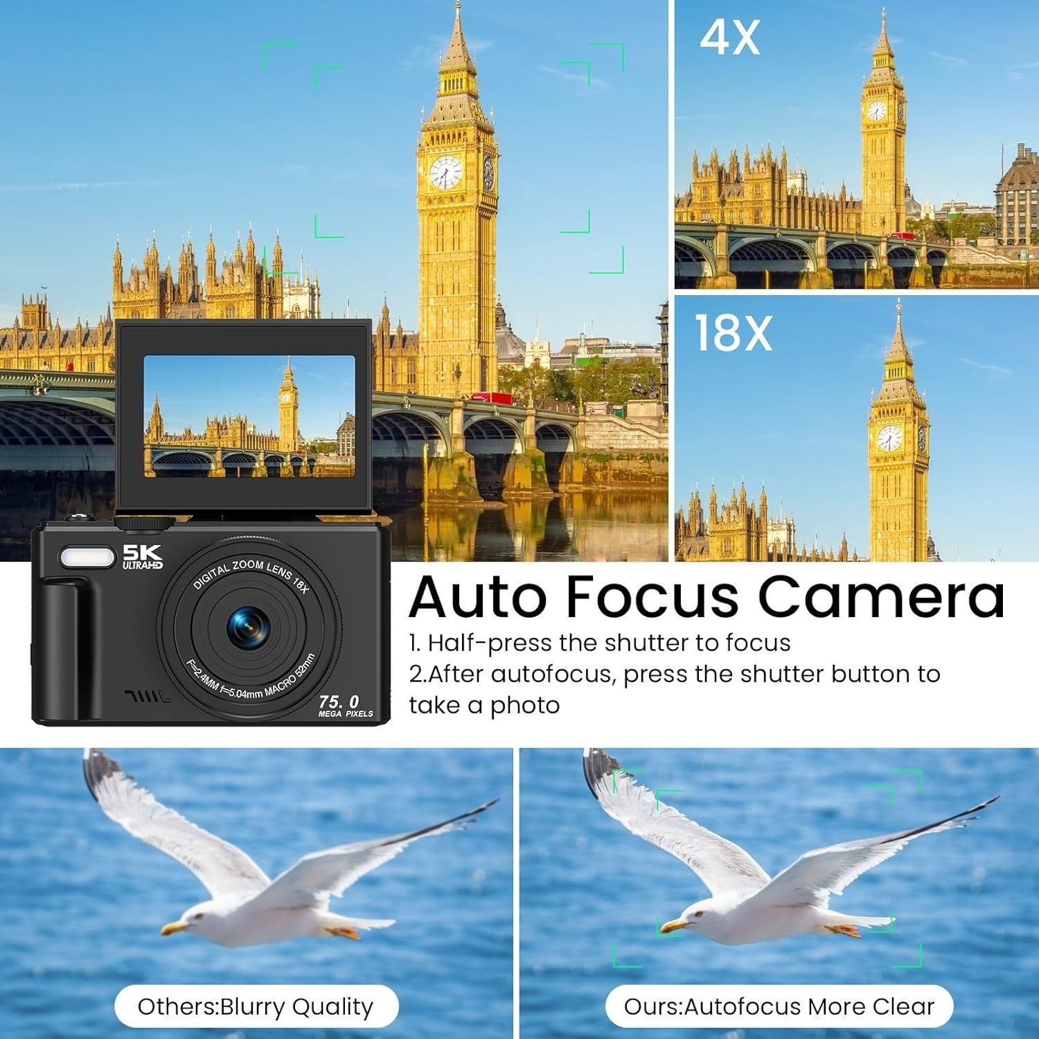 5K 75MP Digital Camera WiFi Vlogging Camera Flip Screen 64GB