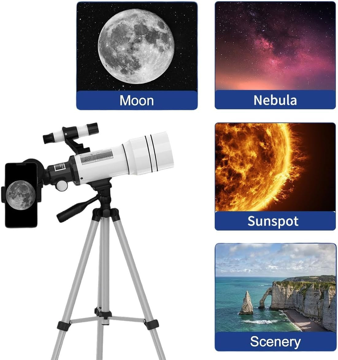 70mm White Refractor Telescope 15X-150X with Phone Adapter