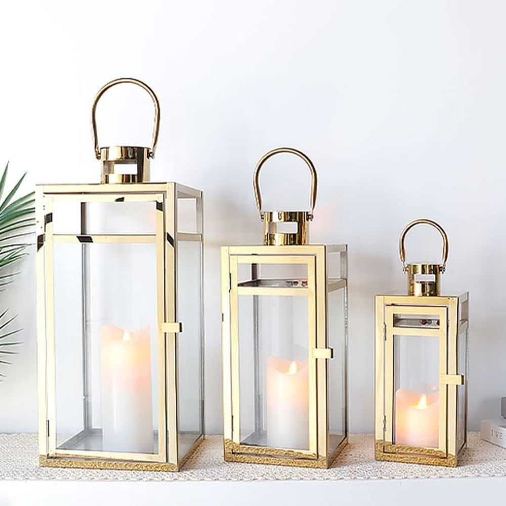 3 Pack Gold Stainless Steel Candle Lanterns Indoor Outdoor Decor