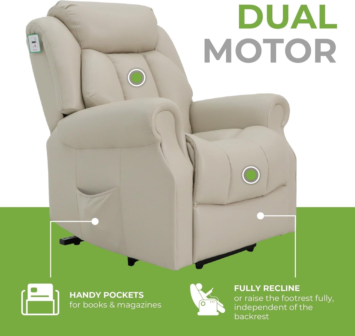 Dual Motor Lift Recliner Chair Heat Massage Leather Riser Mobility Support Cream
