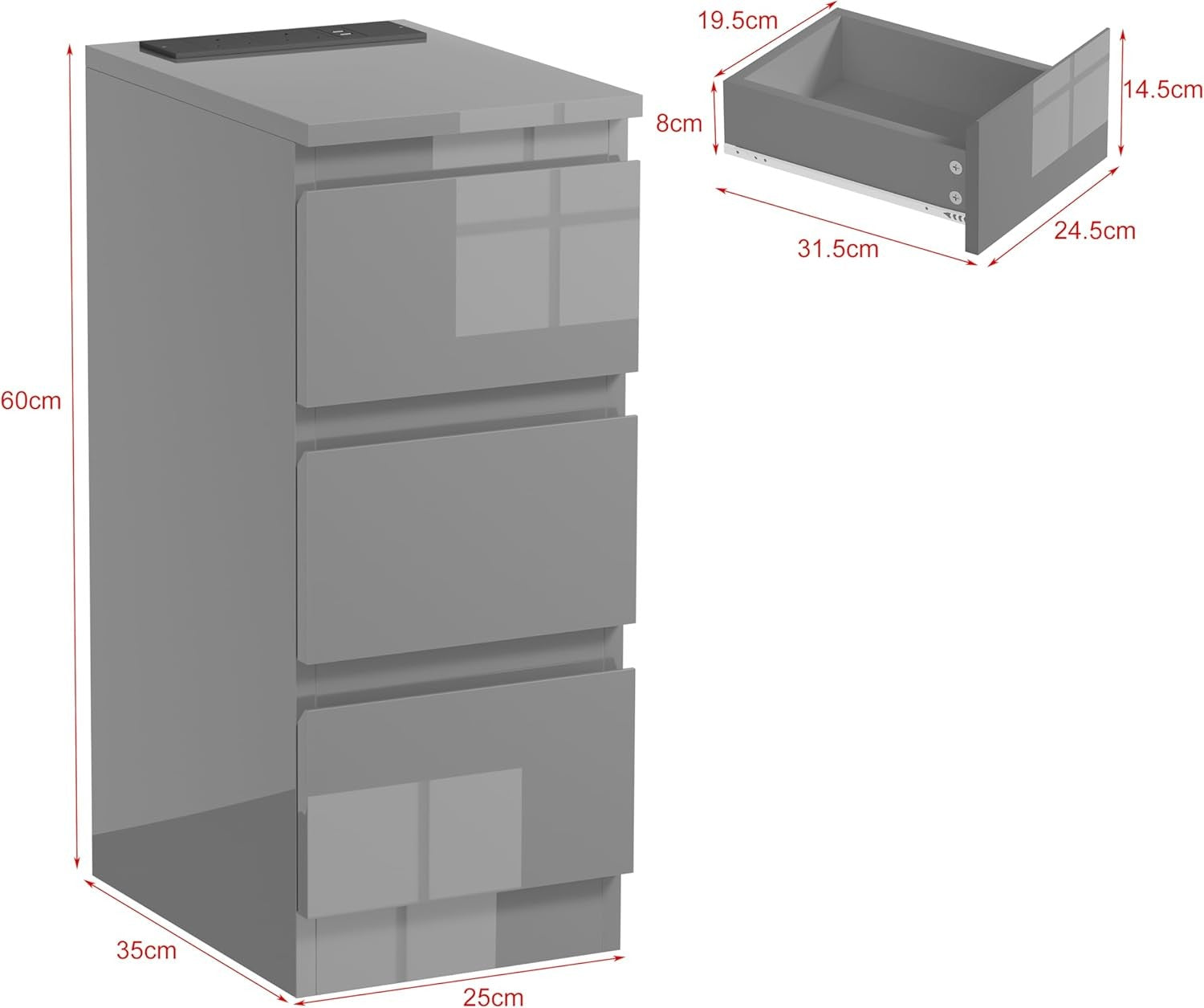 Grey Charging Bedside Table with USB Ports, Slim 3-Drawer Narrow Nightstand