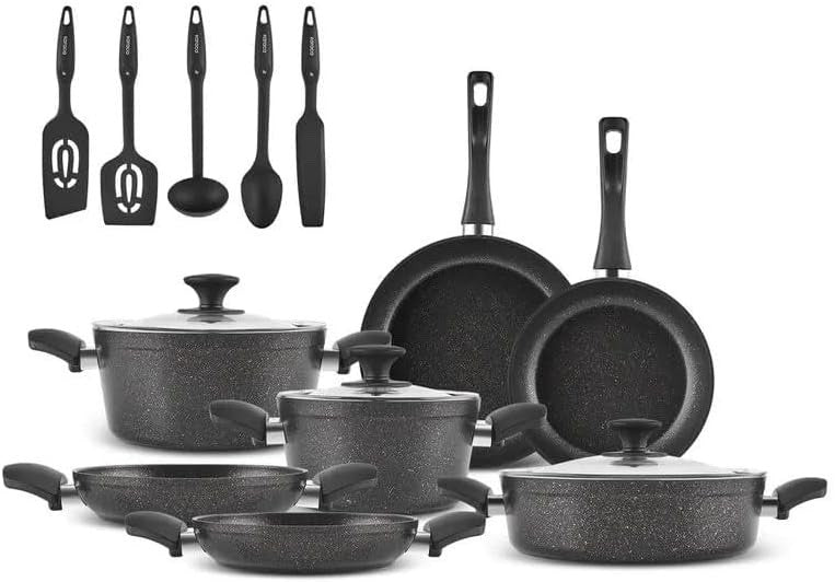 15pcs BlackGold Granite Non-Stick Induction Cookware Set with Utensils PFOA Free