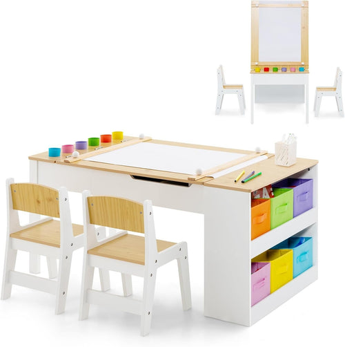 Kids Art Table & Chairs Set with Storage, Paper Roll & 6 Paint Cups 109cm